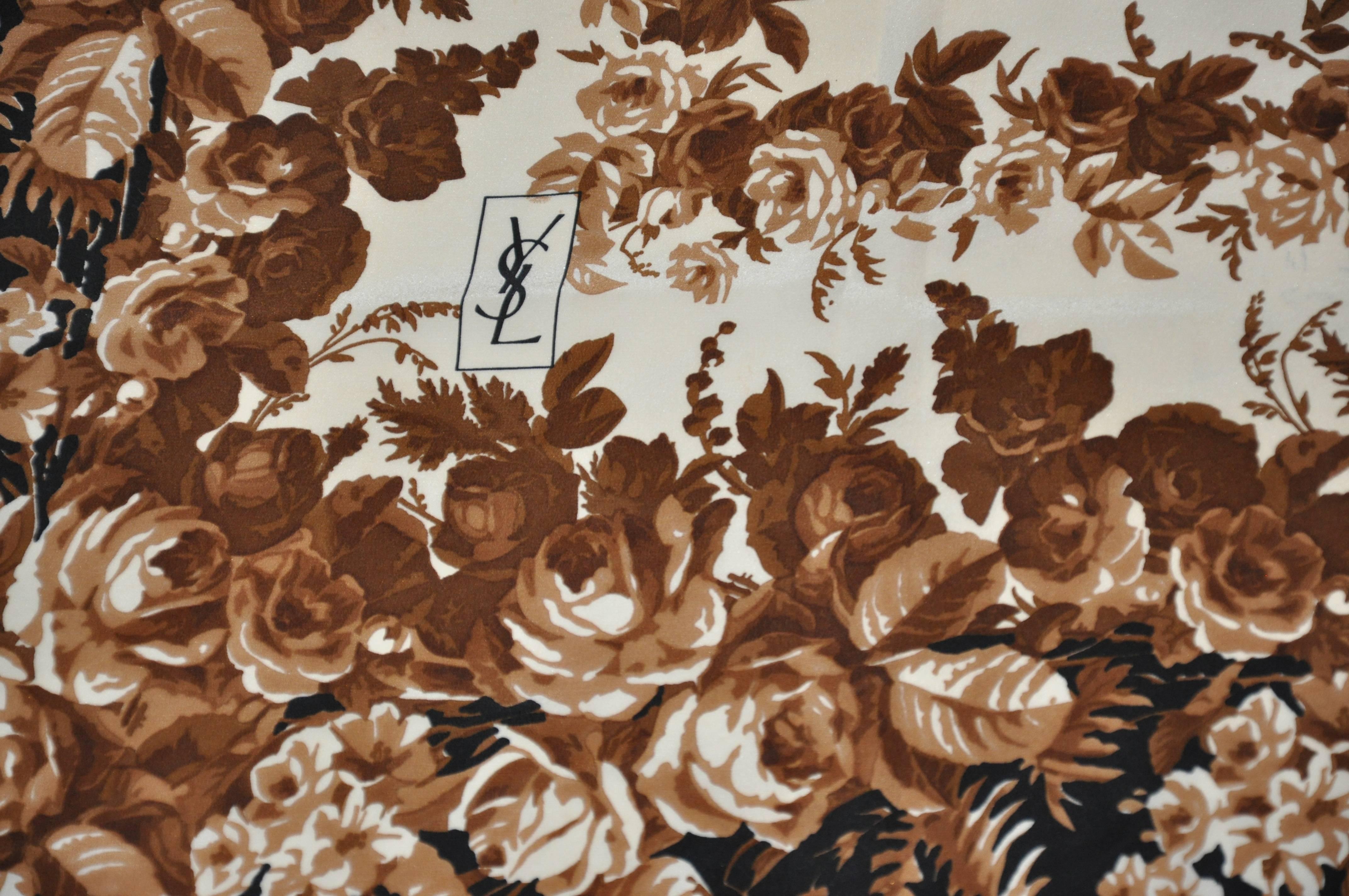 Yves Saint Laurent huge wonderfully elegant silk crepe di chine scarf surrounded with shades of browns floral borders and fringe and accented with a center of cream and brown polka dots. This wonderful scarf measures 56