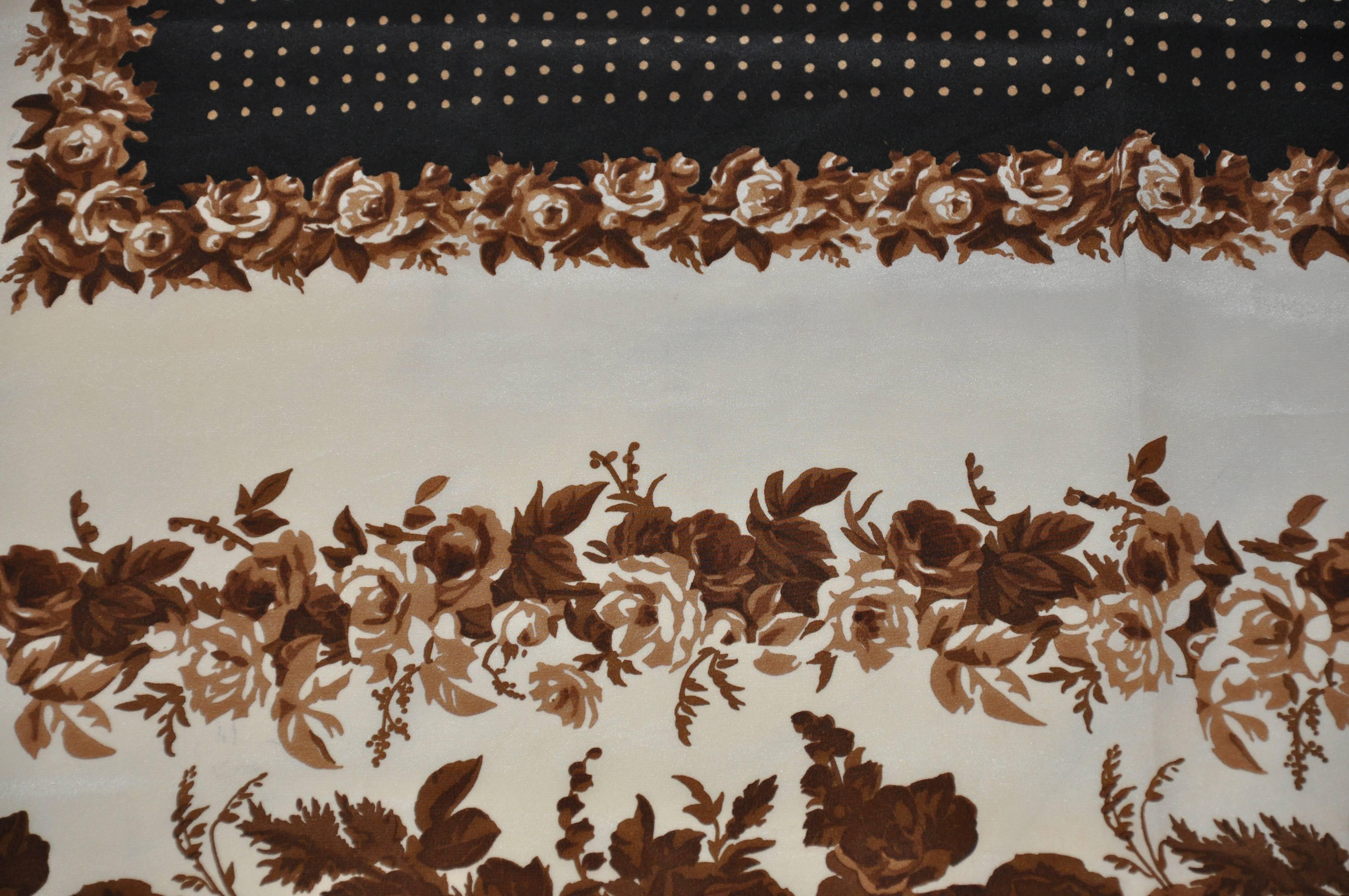 Yves Saint Laurent Huge Polka Dot Center with Brown Floral Border Silk Scarf 1