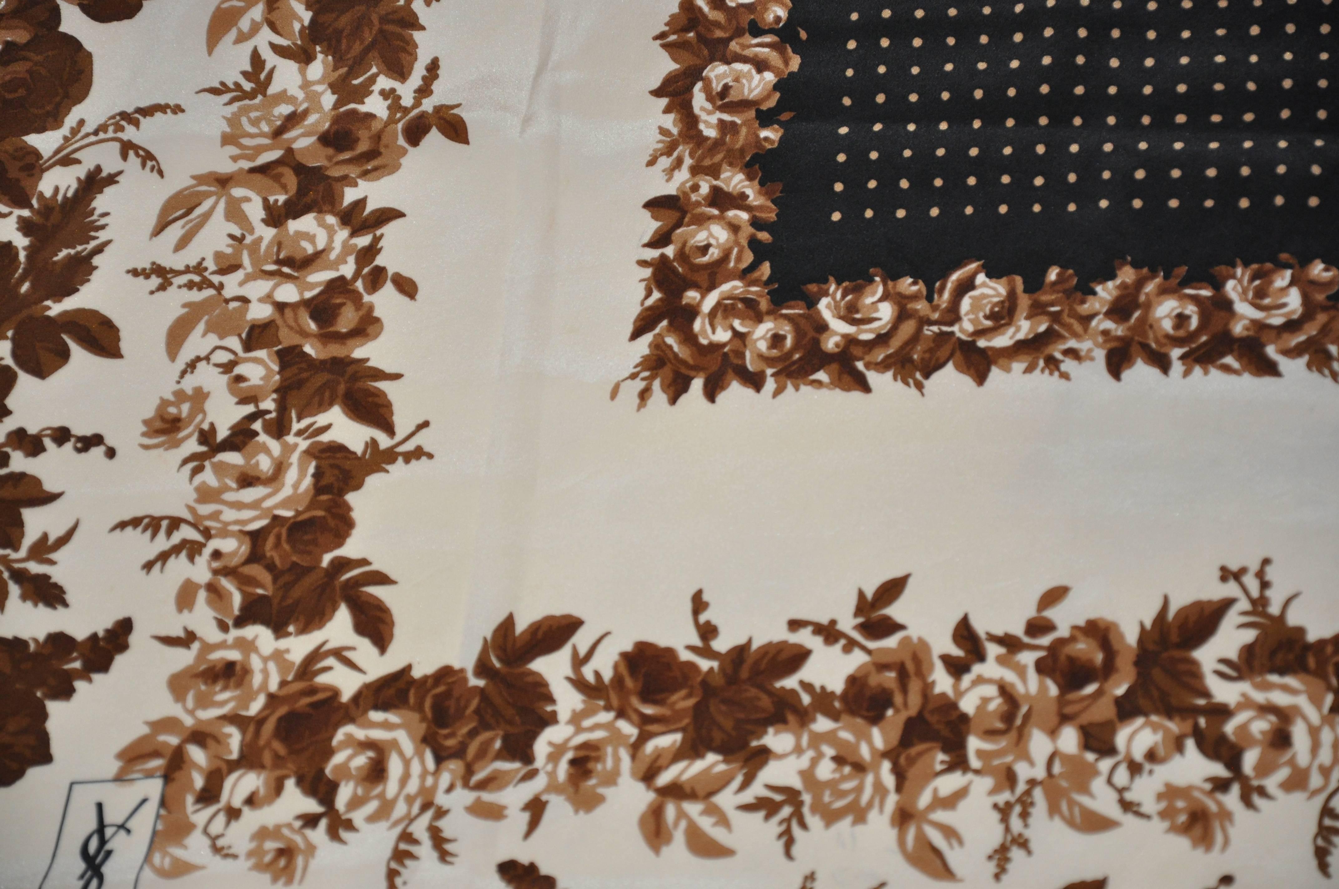 Yves Saint Laurent Huge Polka Dot Center with Brown Floral Border Silk Scarf 2