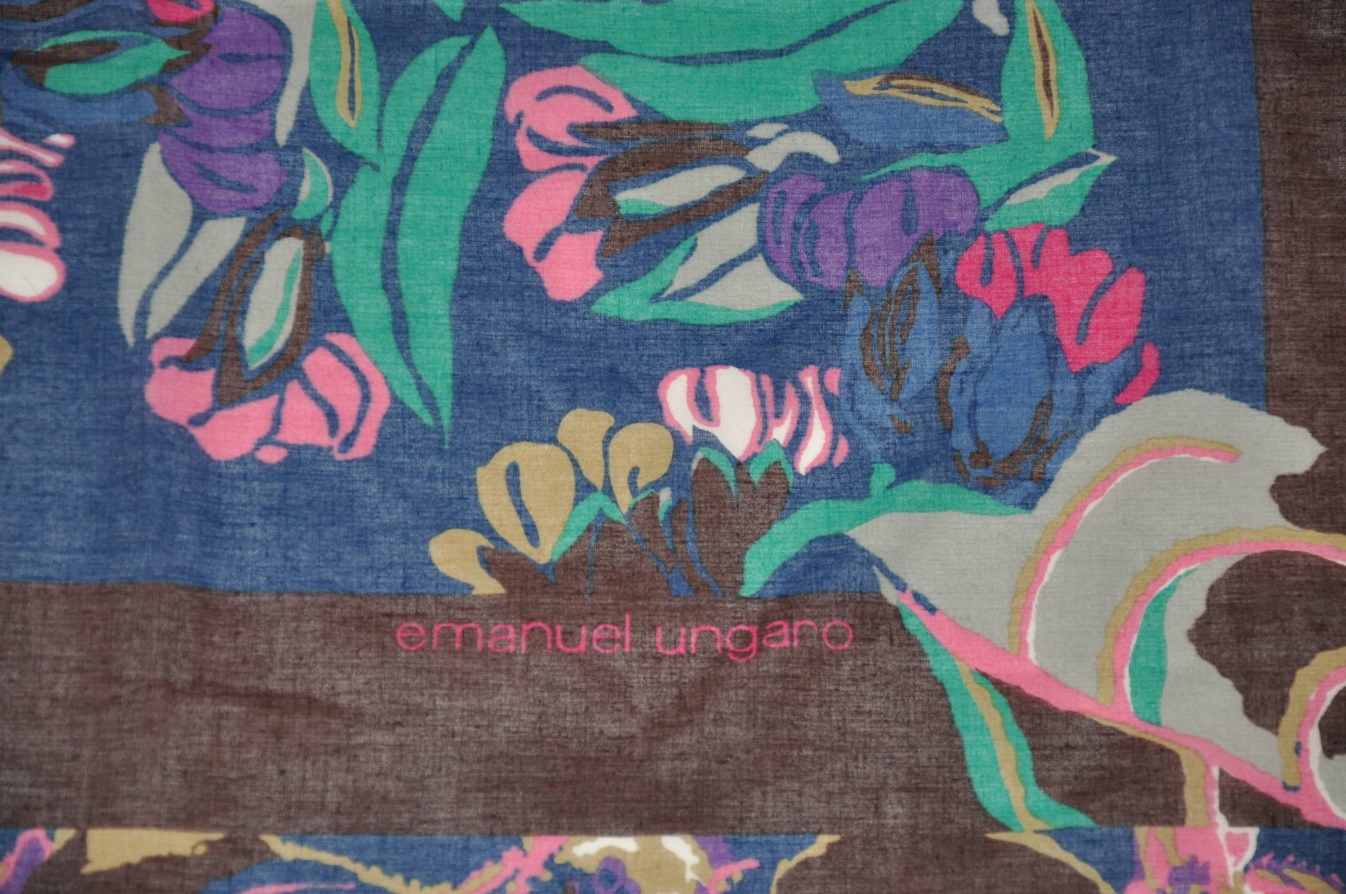 Emanuel Ungaro Huge Cotton With Fringe Multi Color Floral Scarf For