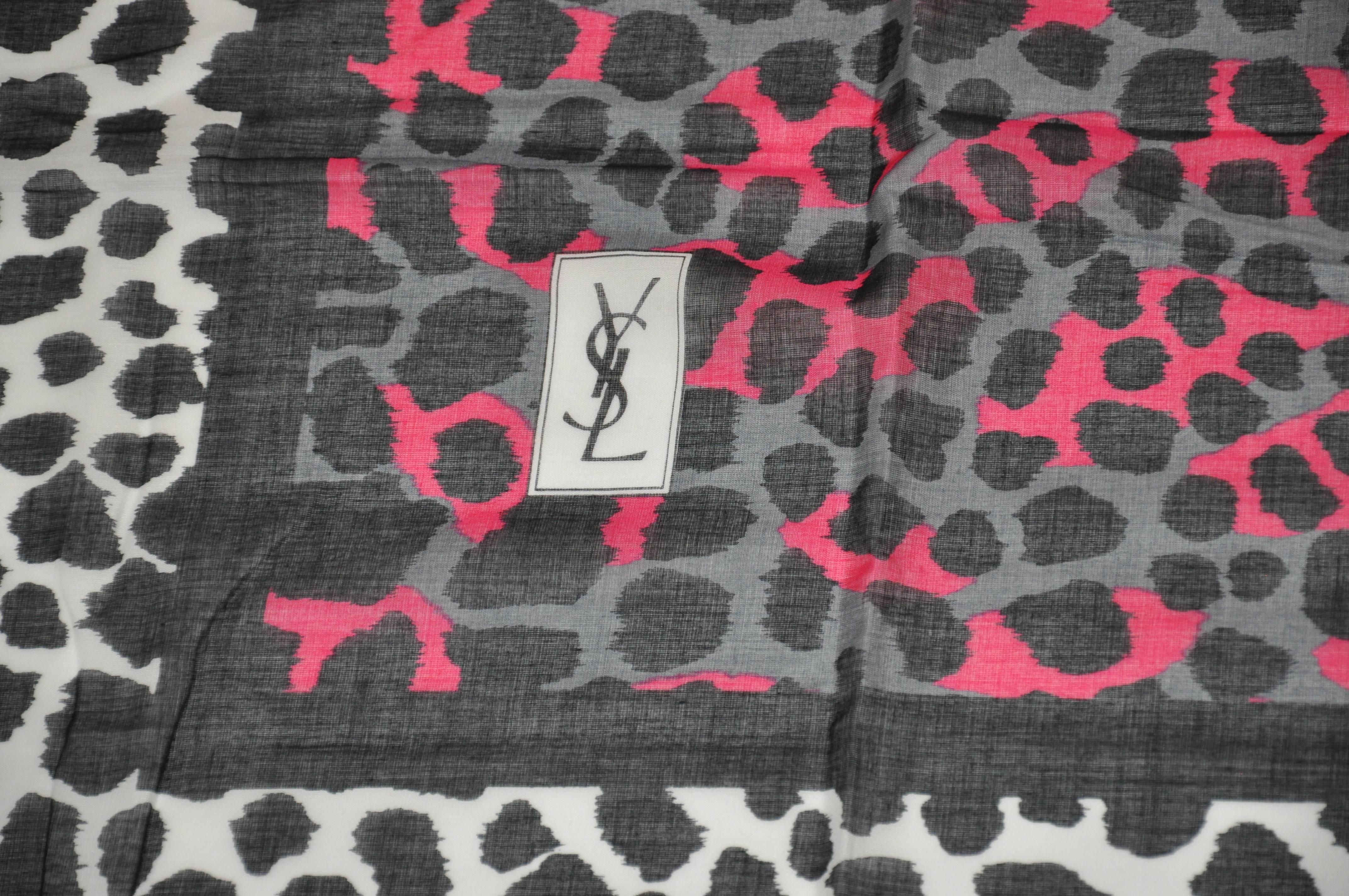 Yves Saint Laurent huge wonderful 100% cotton multi-colors with gray border leopard print scarf measures 54