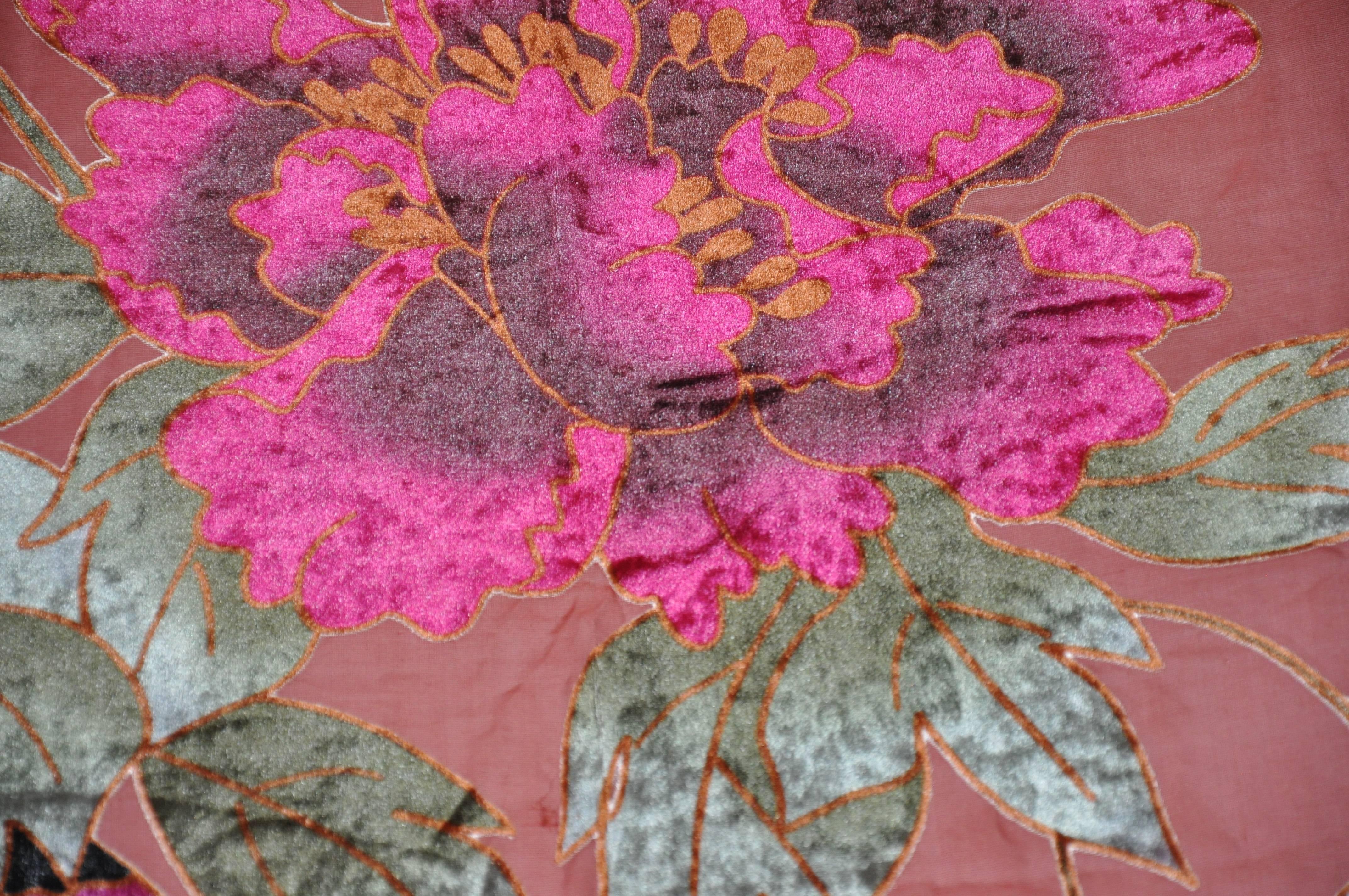 Pink Large Silk Chiffon with Panels of Velvet Butterflies and Floral Fringed Scarf For Sale