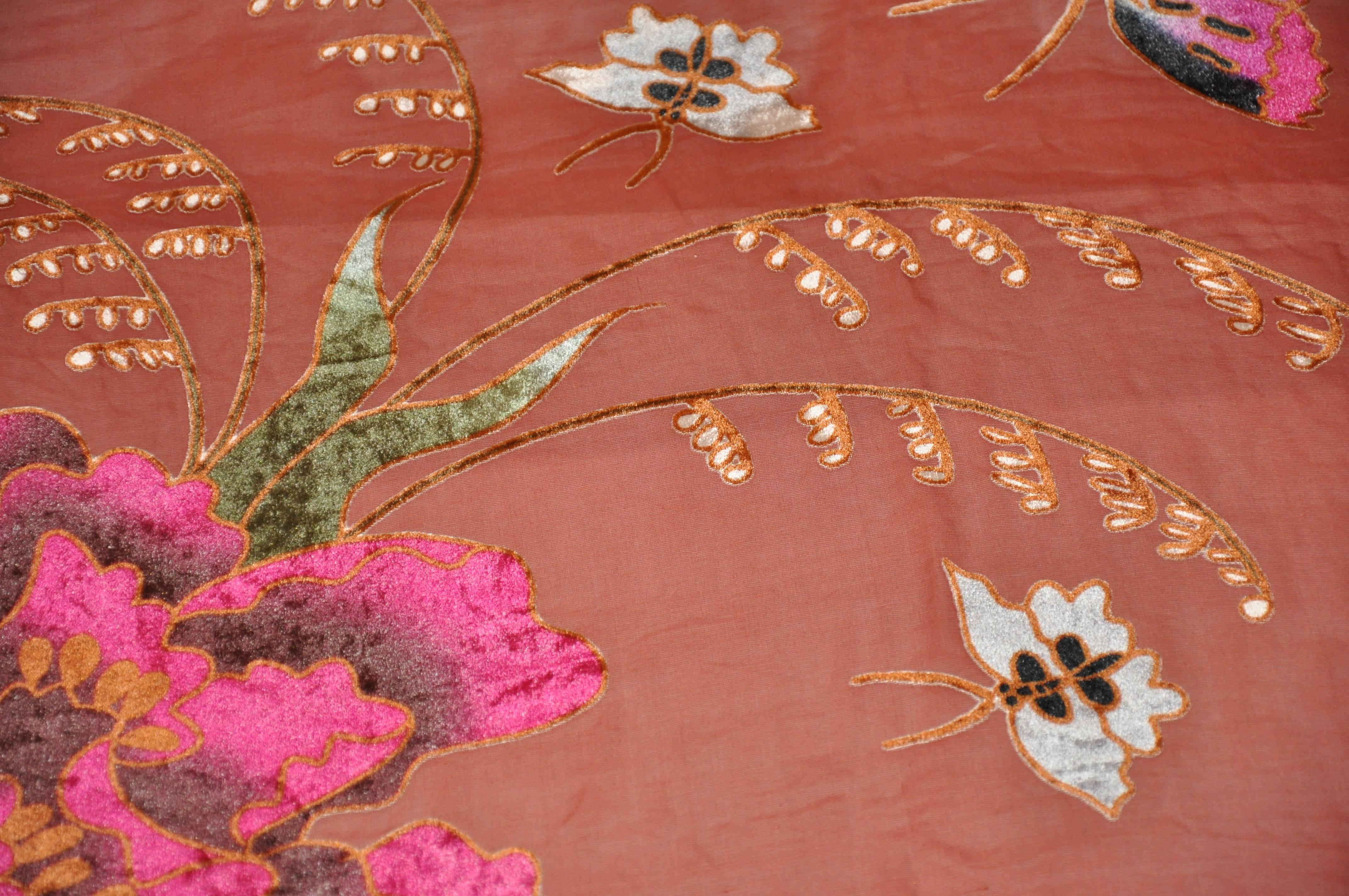 Large Silk Chiffon with Panels of Velvet Butterflies and Floral Fringed Scarf In Good Condition For Sale In New York, NY