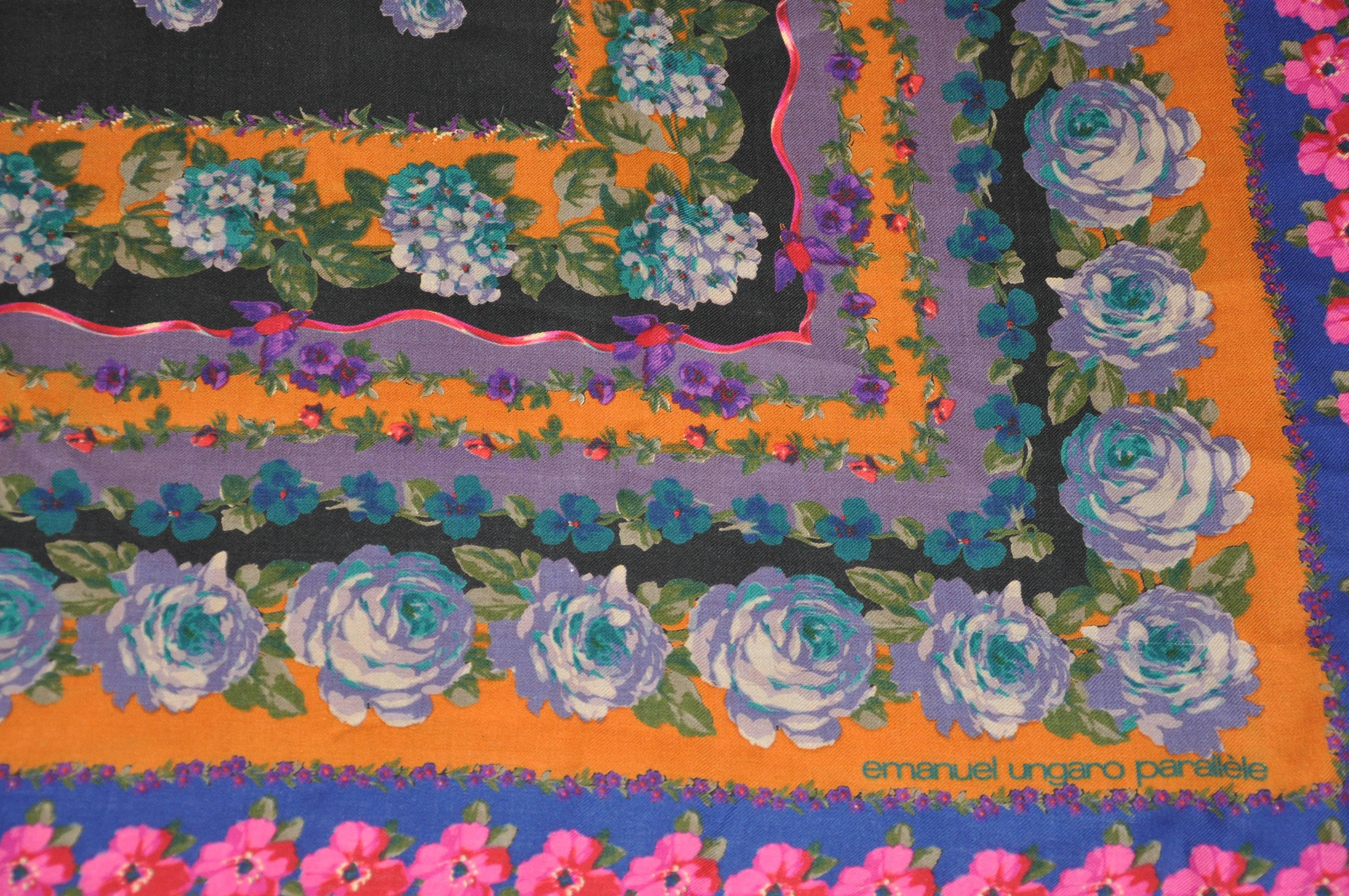 Black Emanuel Ungaro Huge Multi-Color Multi-Floral Wool Challis Scarf For Sale
