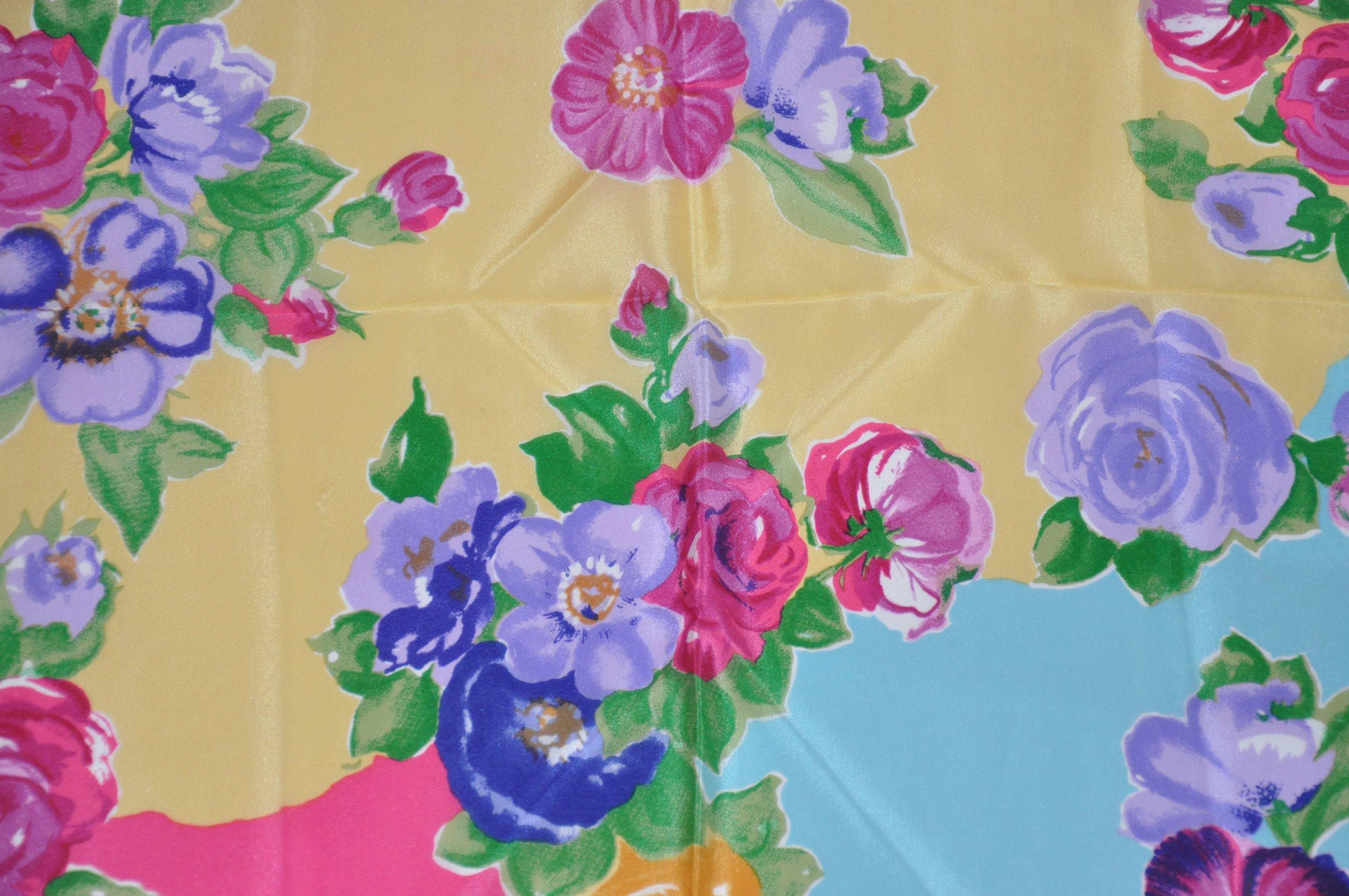 Honey Wide Blue Border & Multi-Color Floral Silk Scarf In Good Condition For Sale In New York, NY
