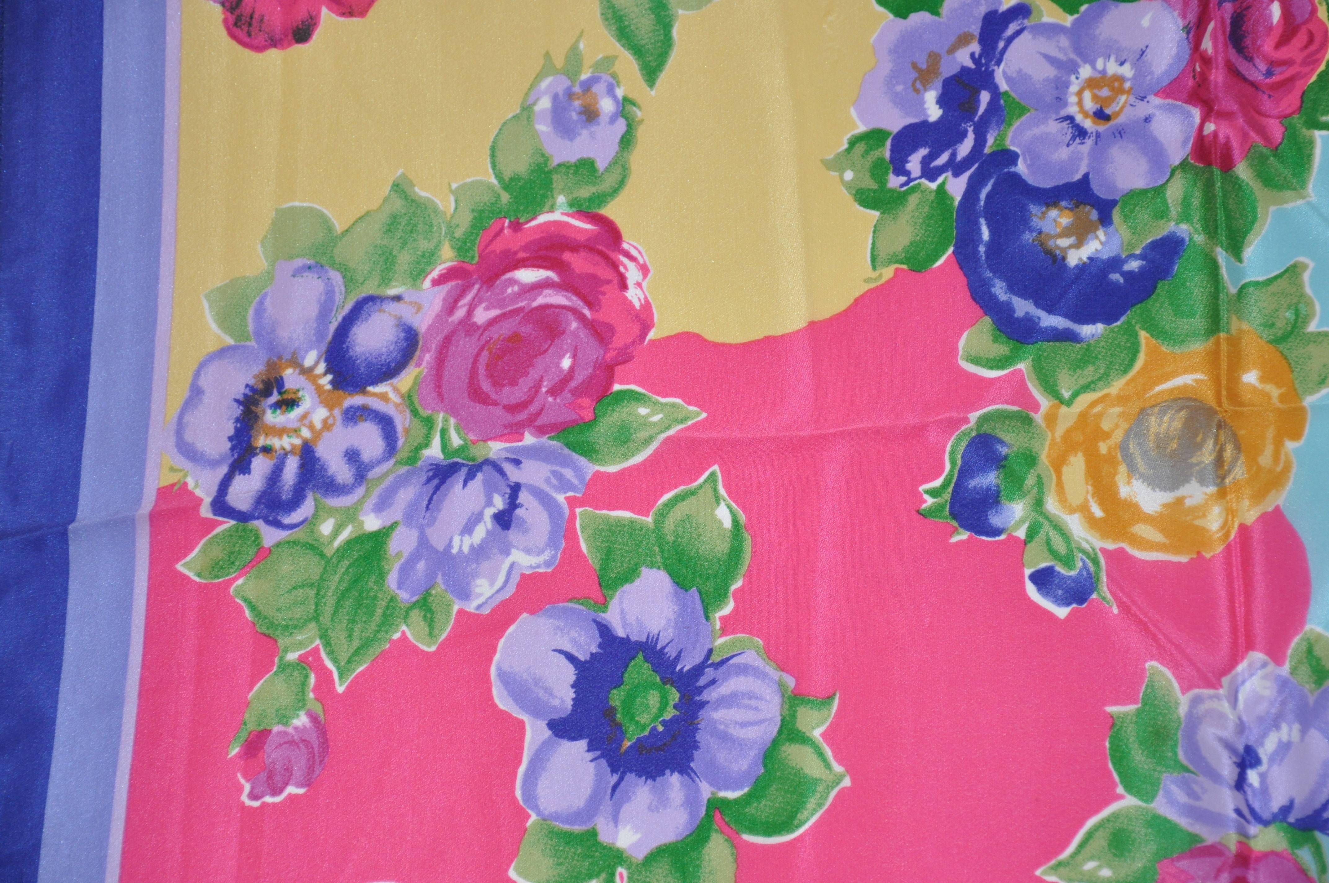 Women's or Men's Honey Wide Blue Border & Multi-Color Floral Silk Scarf For Sale