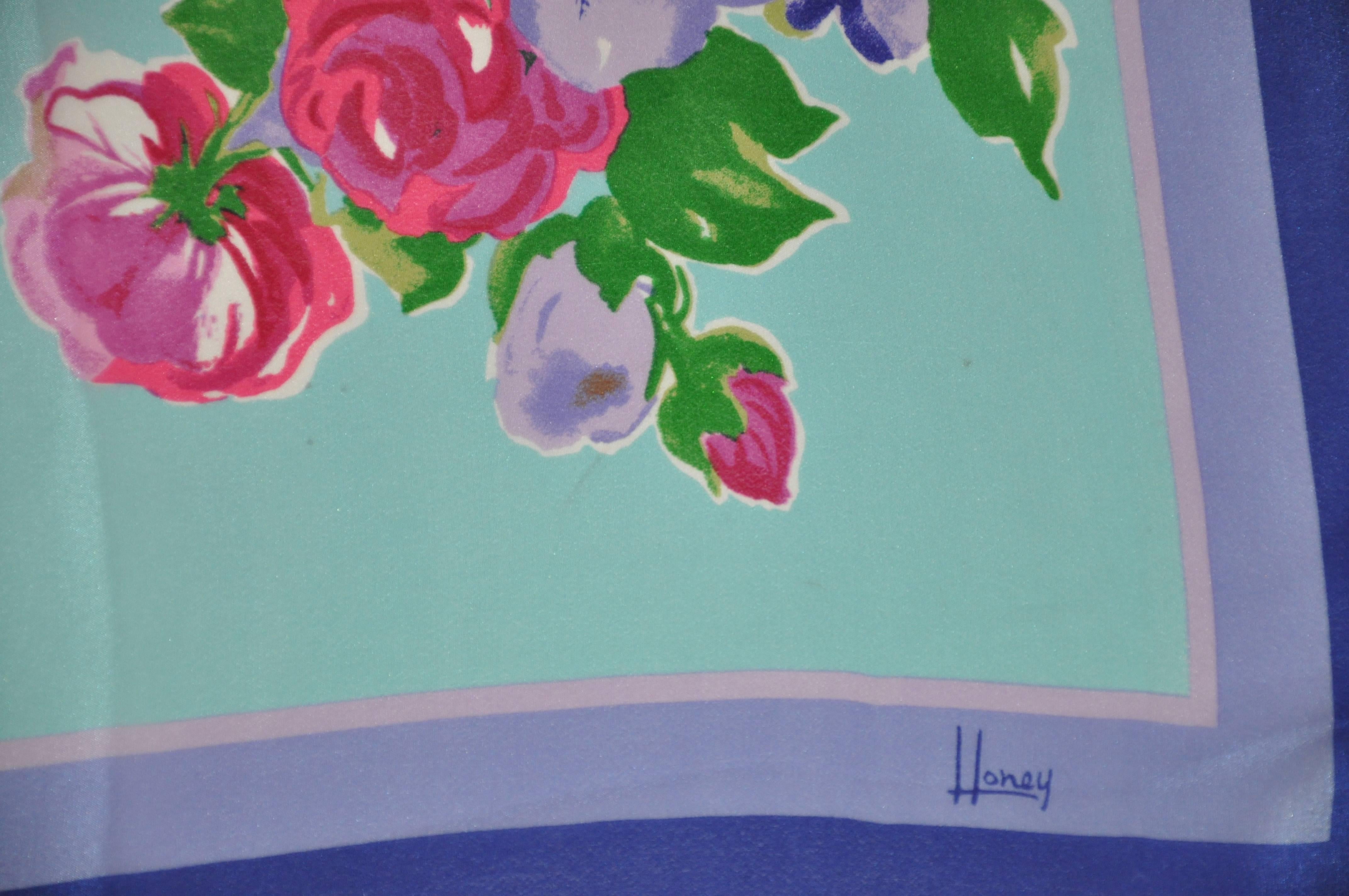 Honey Wide Blue Border & Multi-Color Floral Silk Scarf For Sale 1