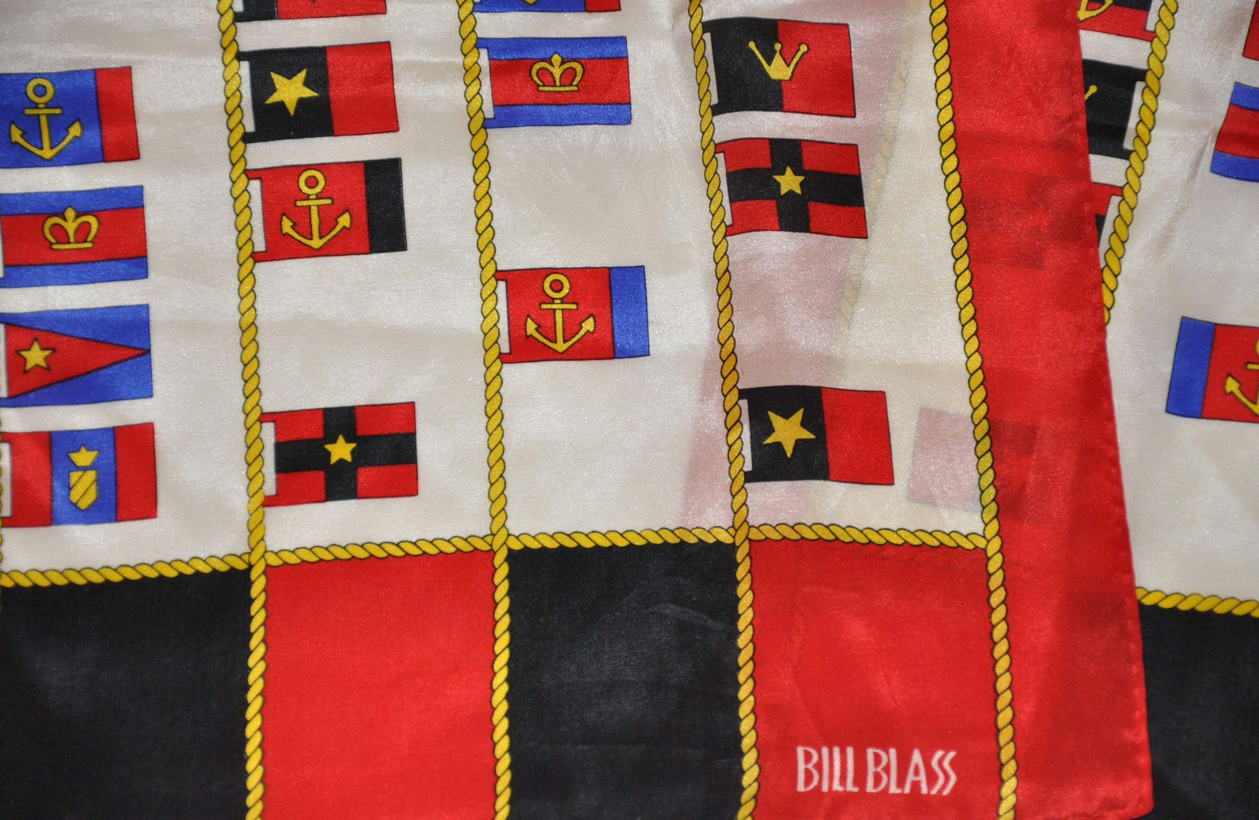 Bill Blass detailed and multi-color "Multi Flags" rectangle silk scarf measures 11" x 58", finished with rolled-edges. Made in Japan.