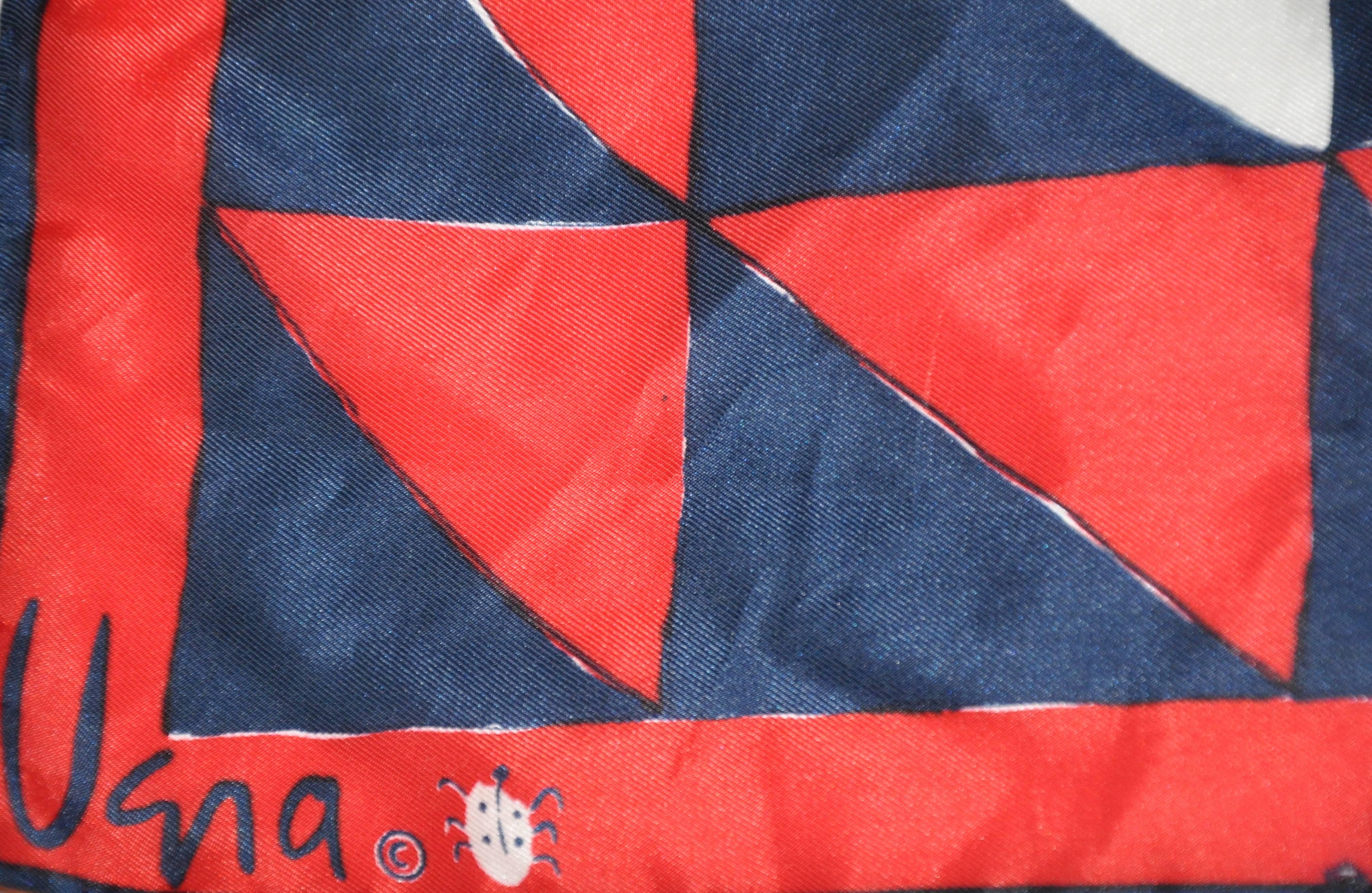 Vera's red, white and blue "Triangle Print" silk scarf measures 22" x 22", finished with hand-rolled edges. Made in Japan.