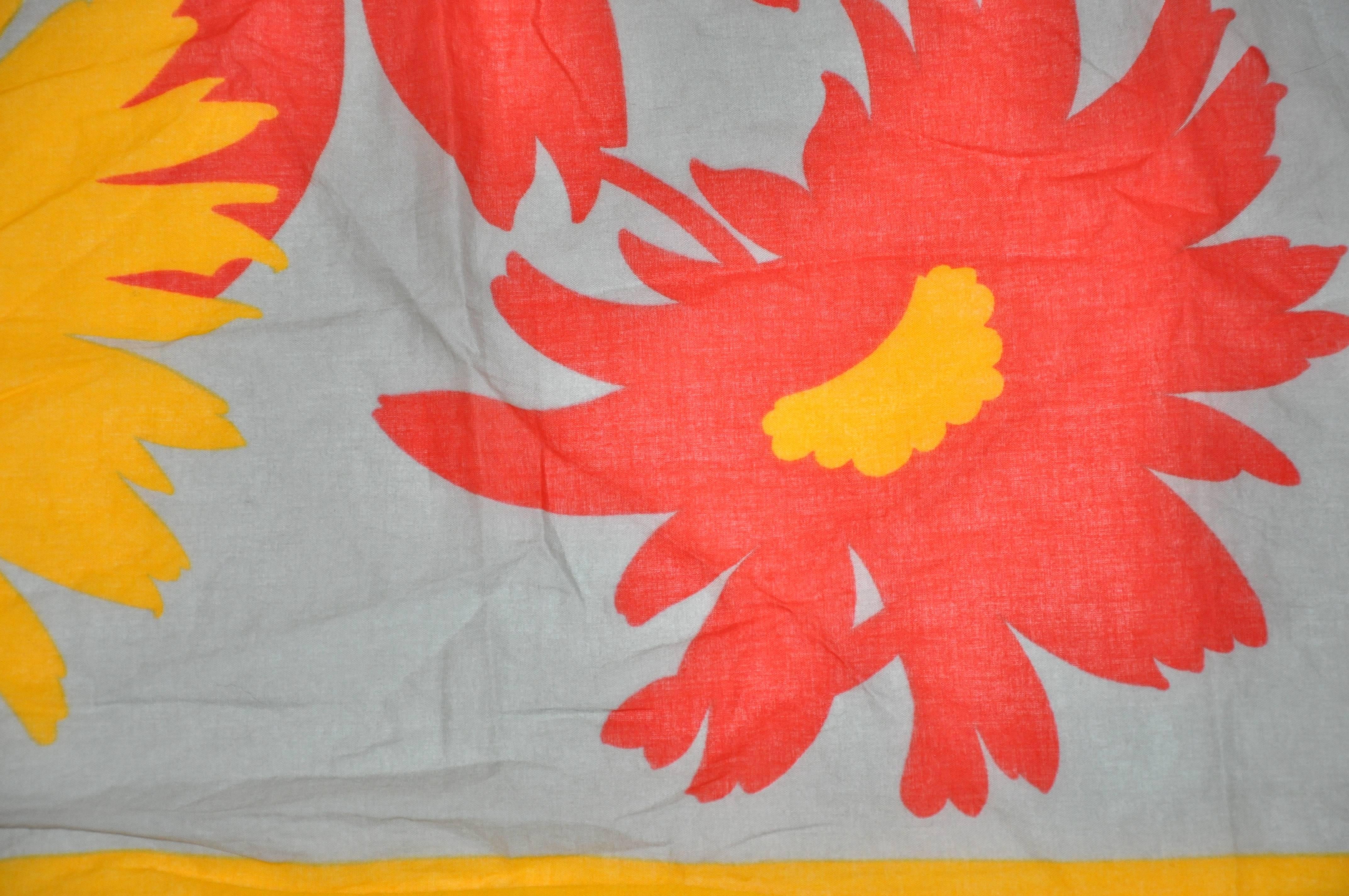 Beige Bold 100% Cotton Yellow Border with Large Yellow & Red Floral Scarf For Sale