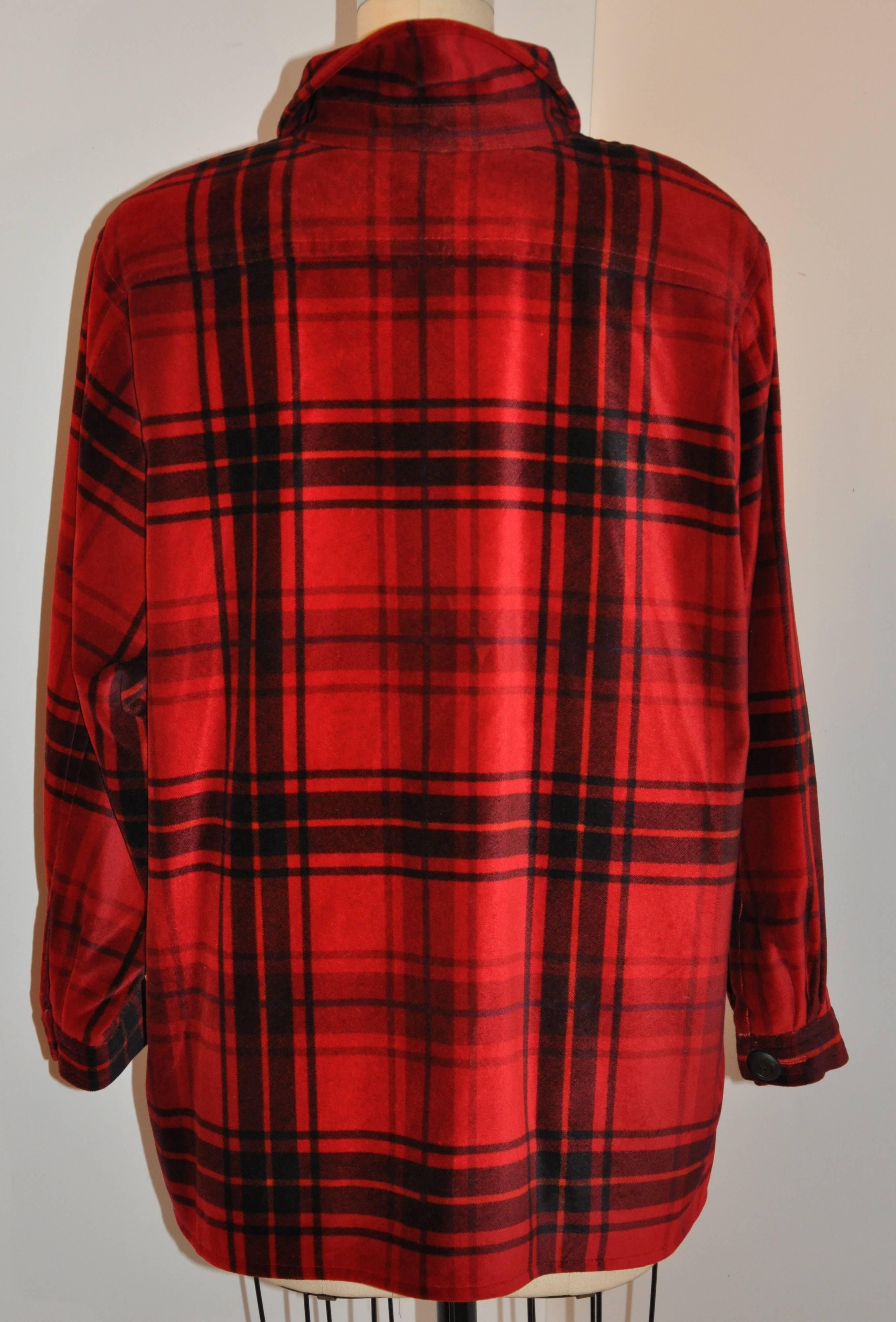 Women's or Men's Yves Saint Laurent Deep Red & Black Cotton Velvet Smock Button Jacket For Sale