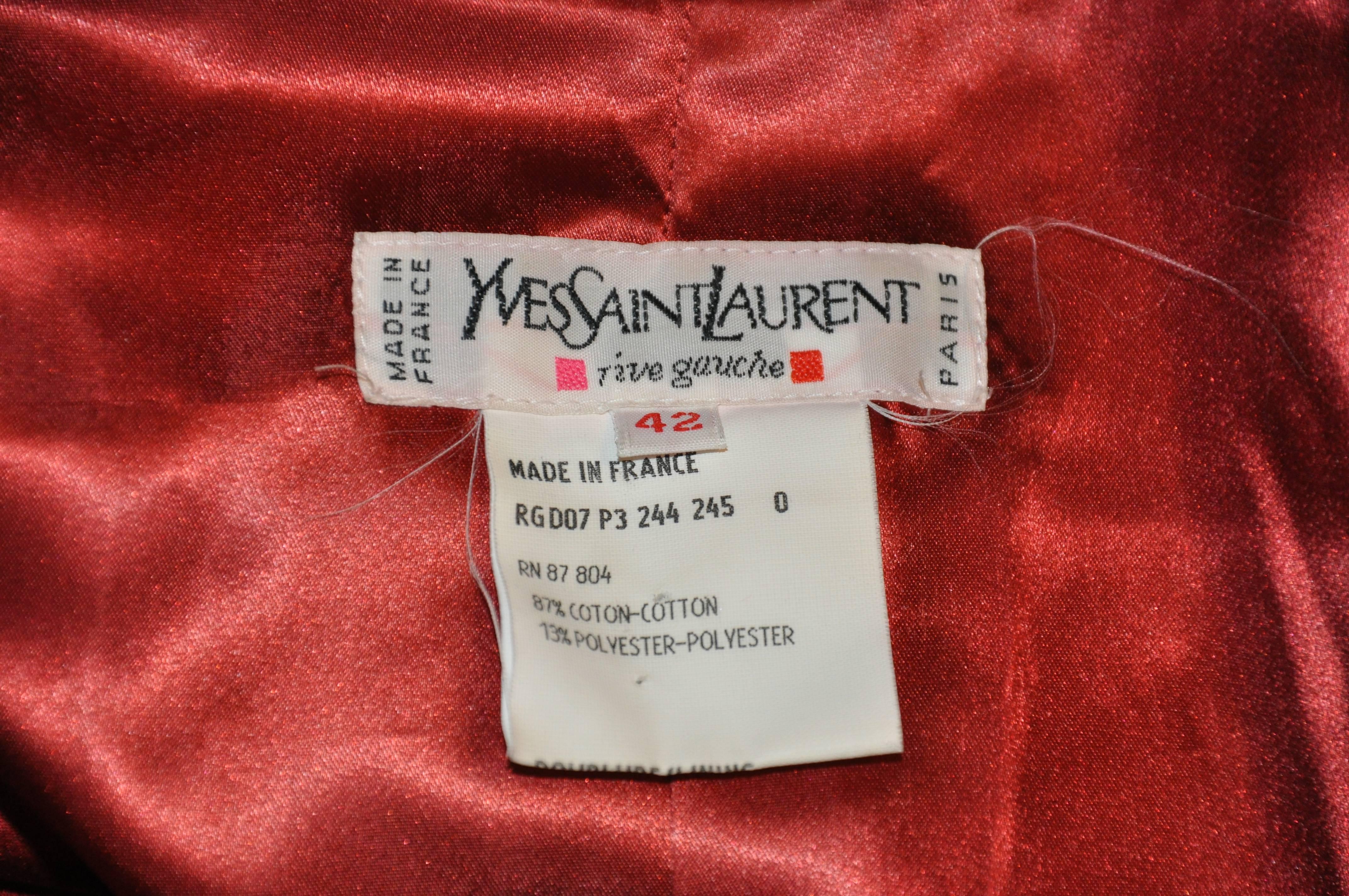 Yves Saint Laurent Deep Red & Black Cotton Velvet Smock Button Jacket For Sale 2