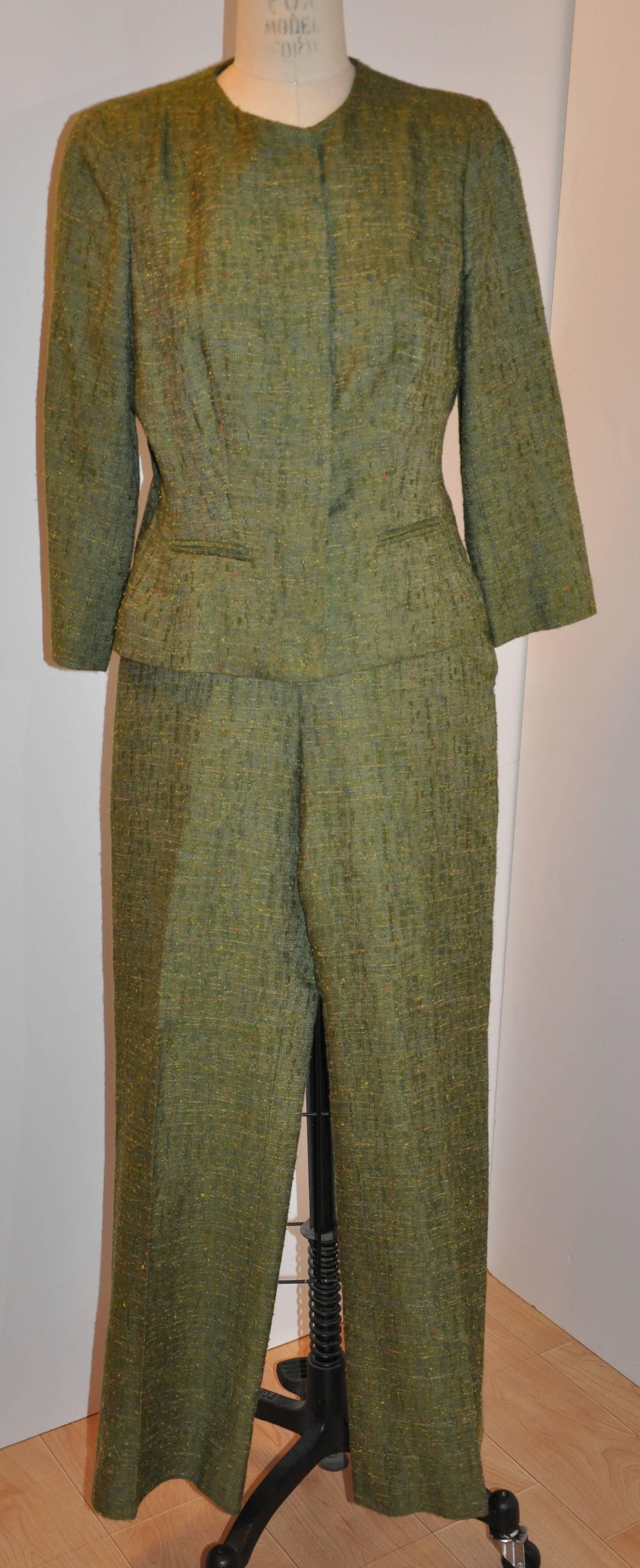 Marron Ensemble 3 pièces «ow » Oscar de la Renta en soie et lin vert olive en vente