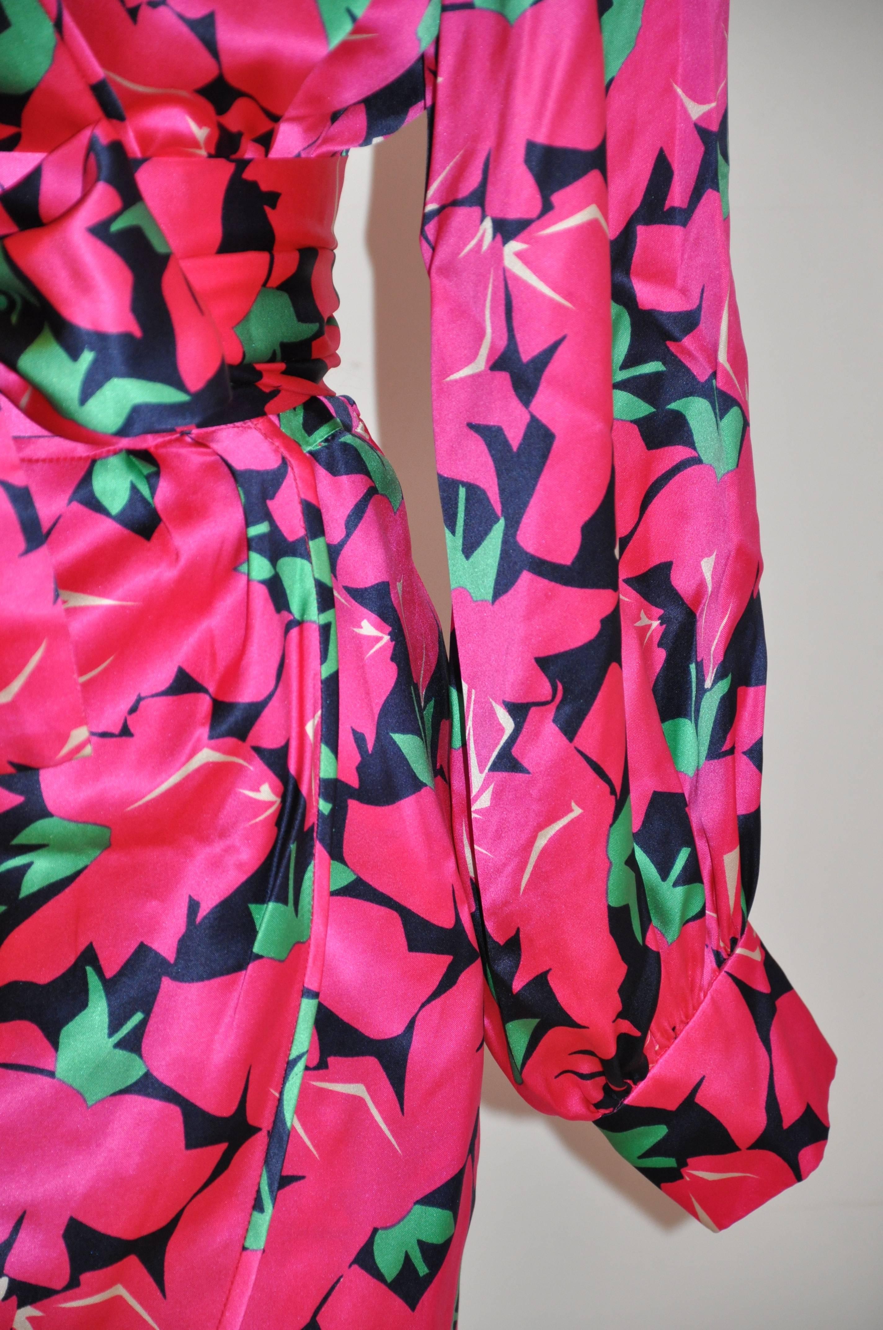 Pink Yves Saint Laurent Bold Fuchsia, Lapis & Green Floral Wrap Dress with Tie