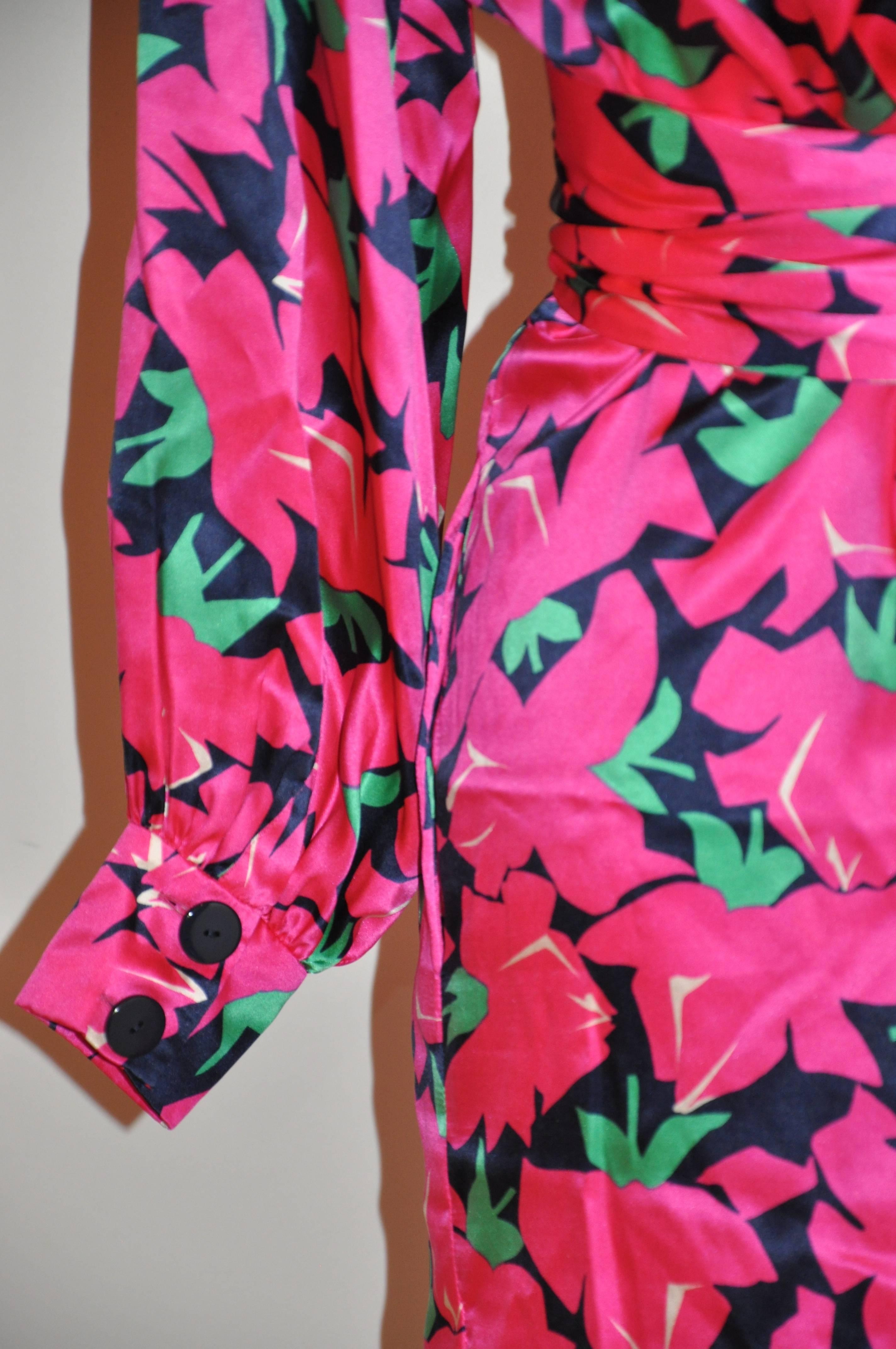 Yves Saint Laurent Bold Fuchsia, Lapis & Green Floral Wrap Dress with Tie In Good Condition In New York, NY