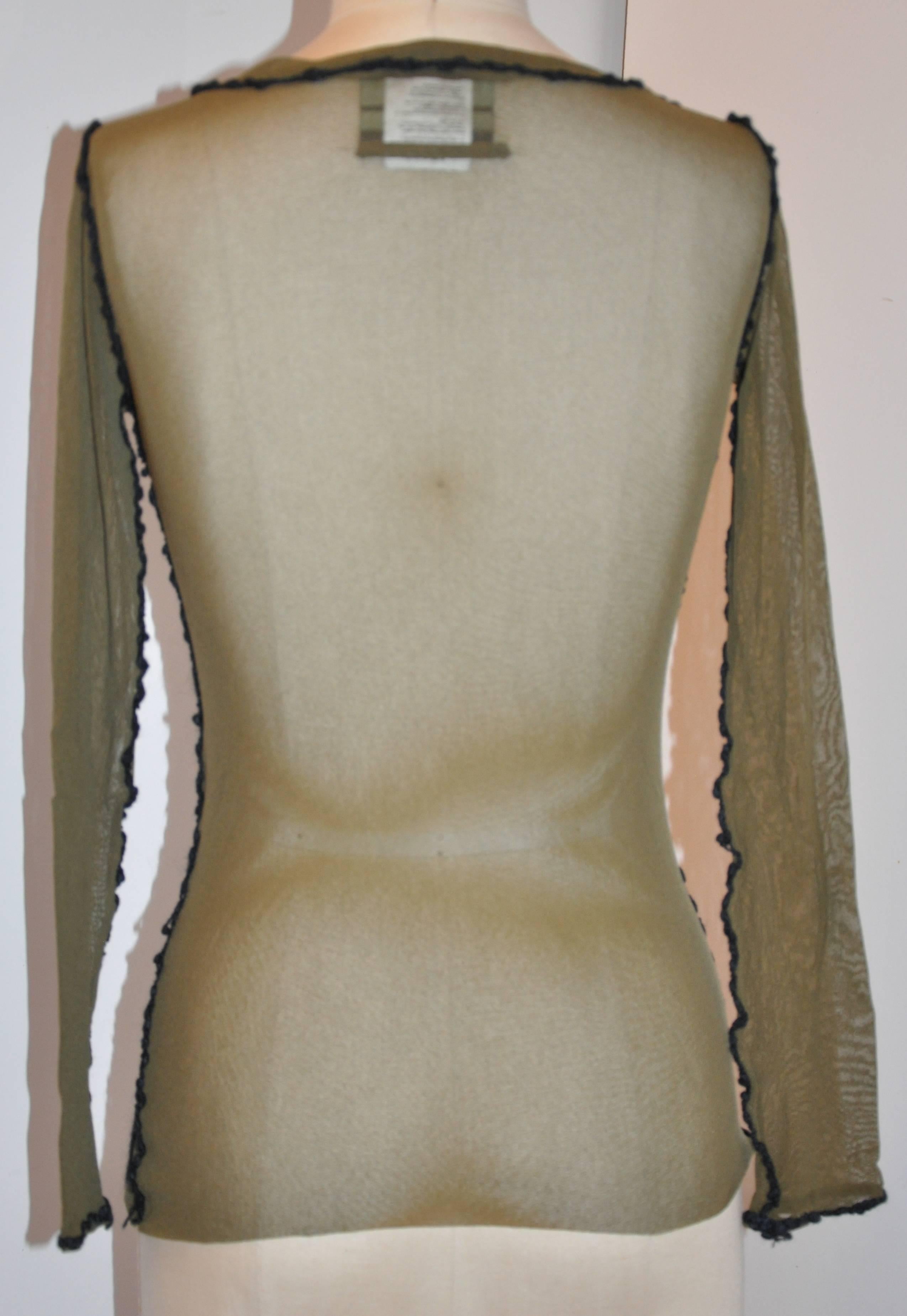 Jean Paul Gaultier stretched olive green netted accented with black embroidered pullover top has a slight 'boat-neck