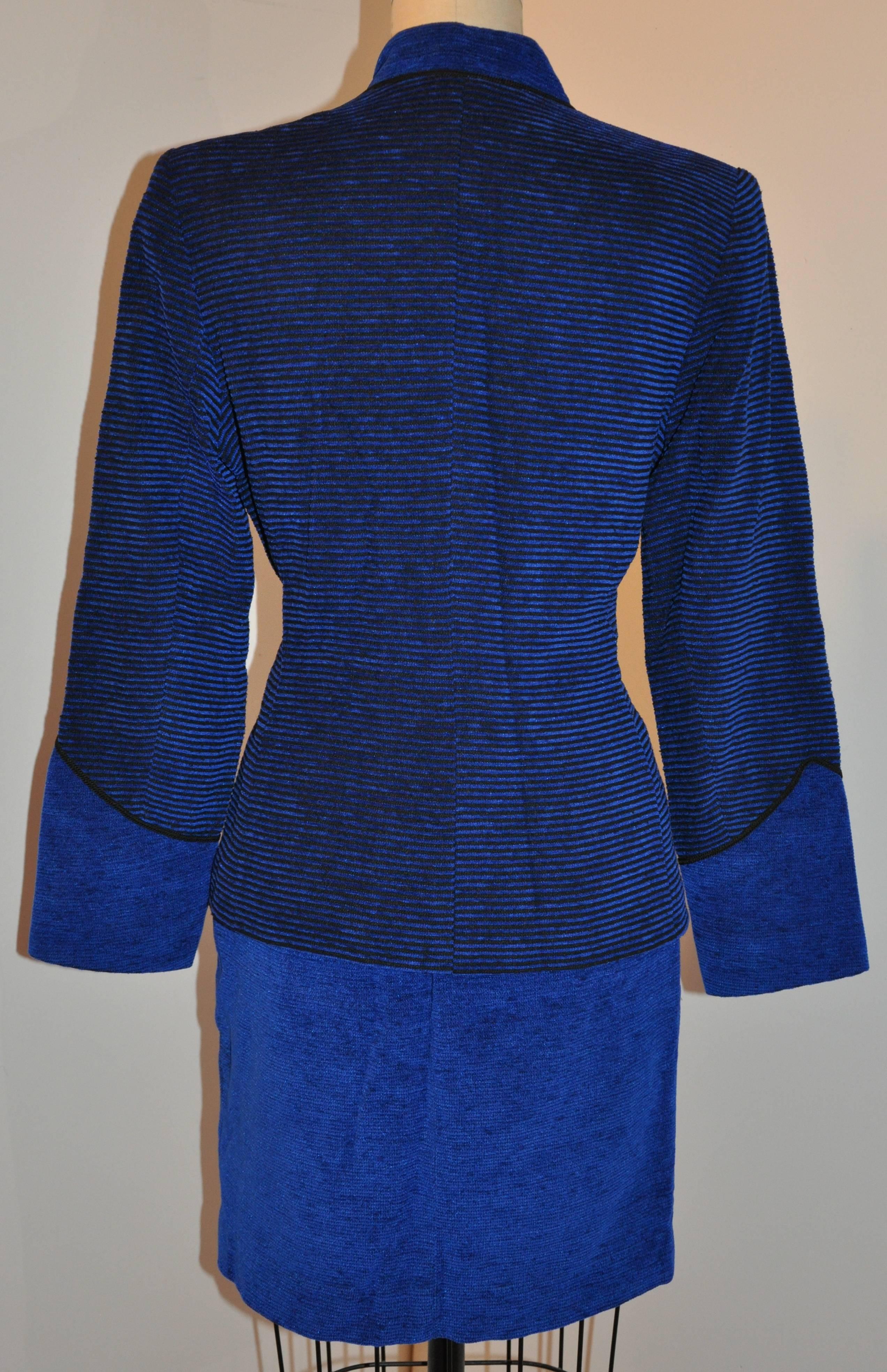 Yves Saint Laurent wonderful combination of Lapis blue accented with black skirt and matching jacket emsemble accented with a mandarin collar which measures 1 1/2