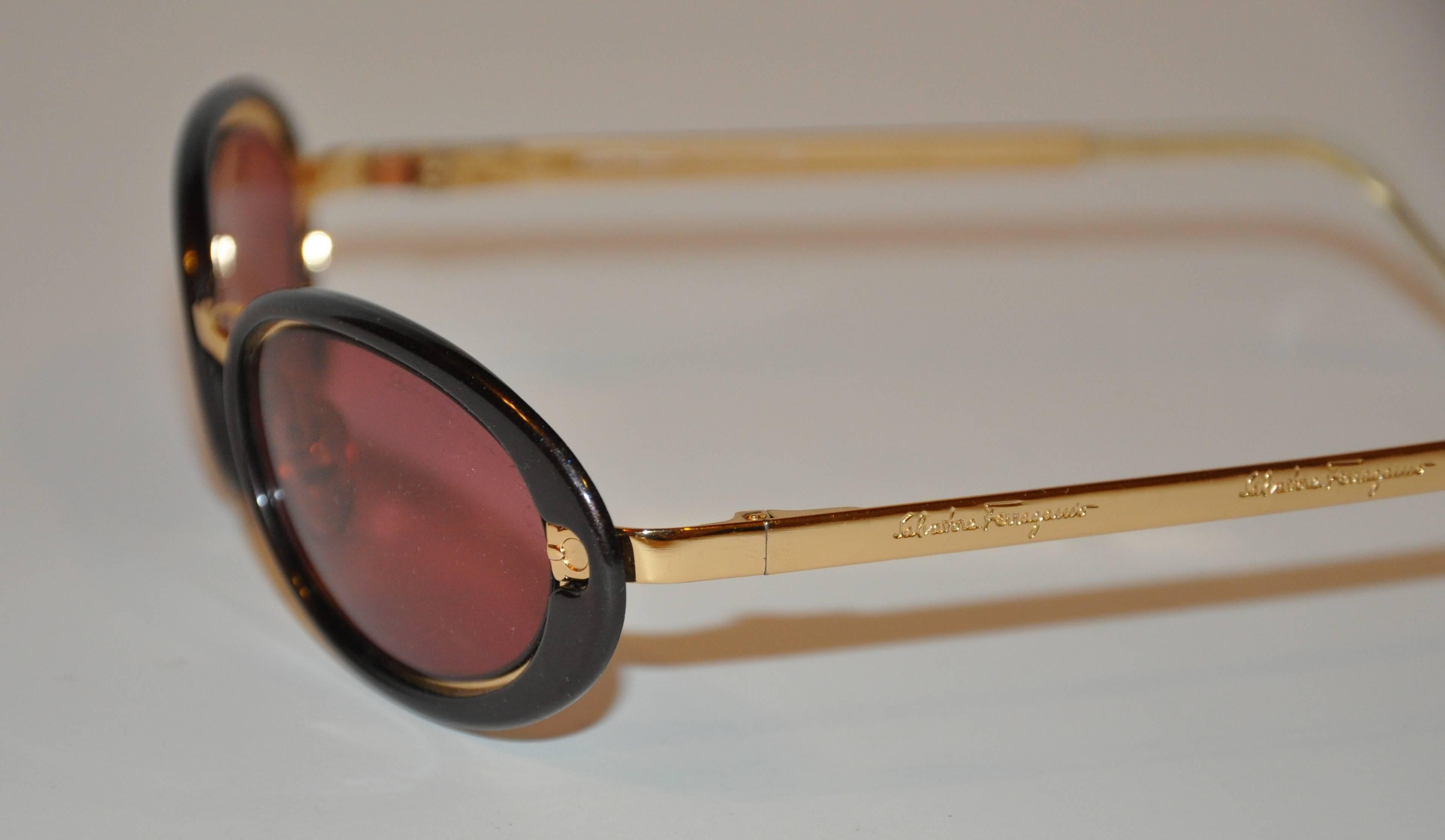 Brown Salvador Ferragamo Gilded Gold Hardware with Black Lucite Sunglasses