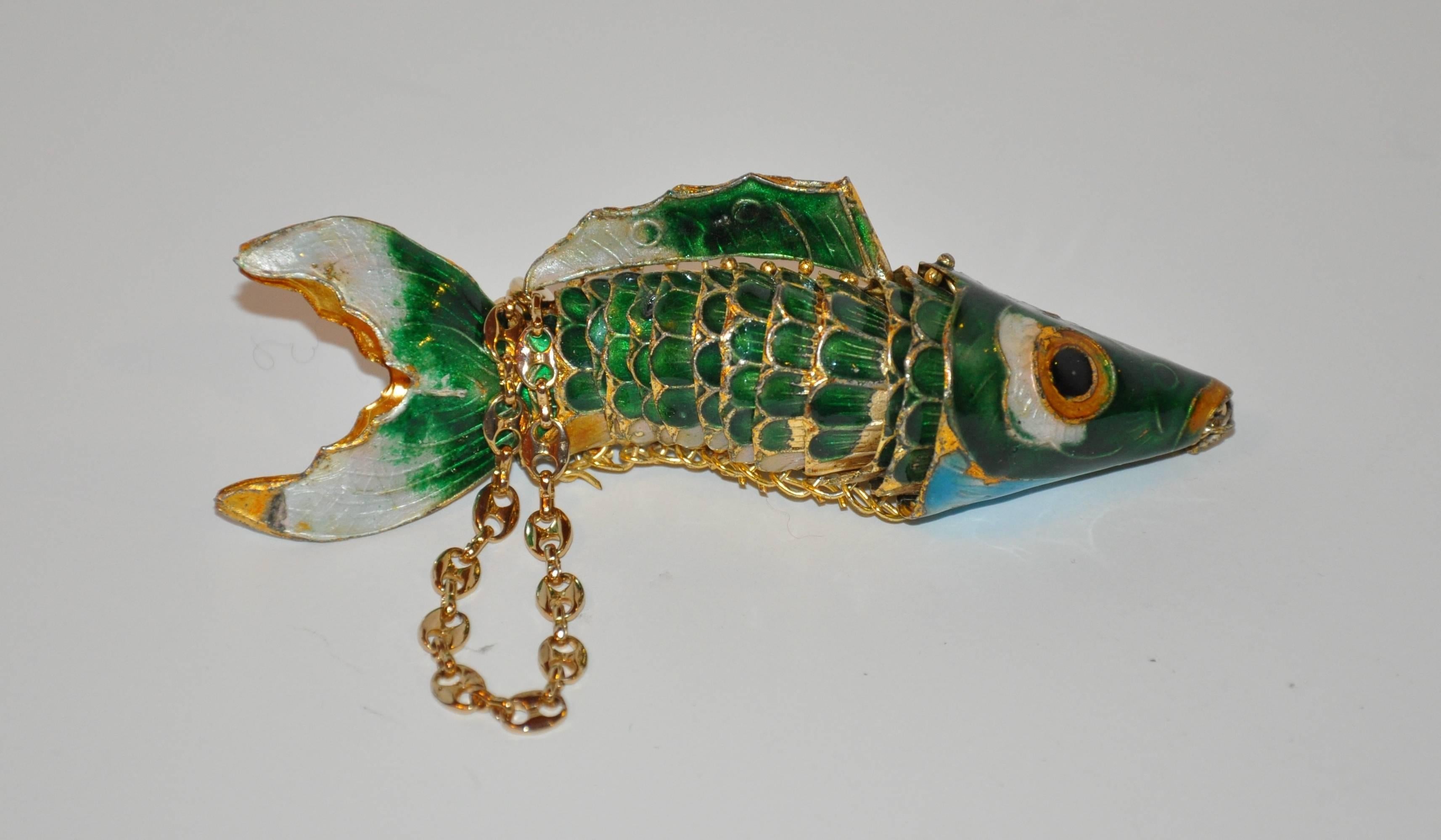 Brown Large Gold Hardware Enamel Fish with Gucci-Style Links Necklace.