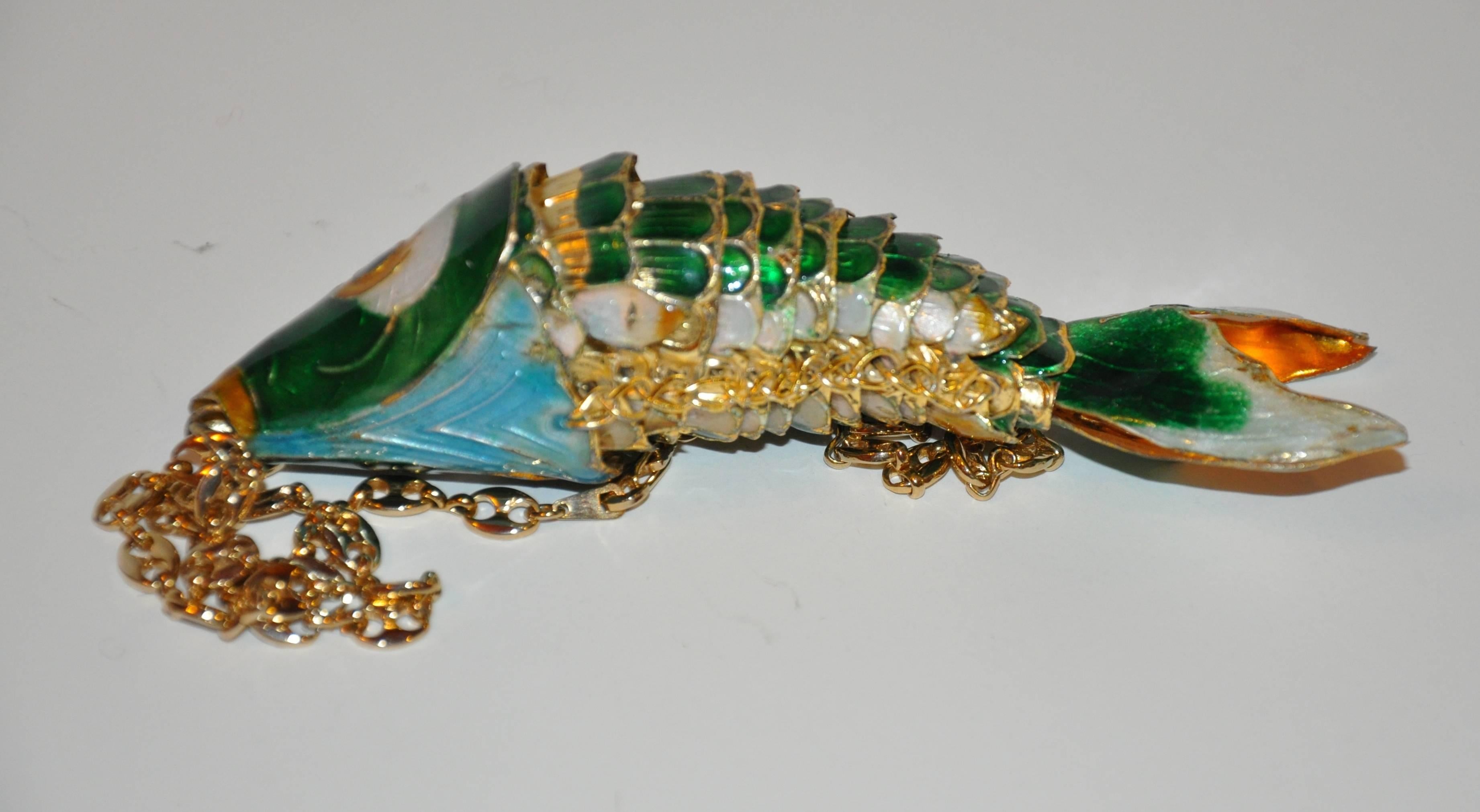 Women's or Men's Large Gold Hardware Enamel Fish with Gucci-Style Links Necklace.