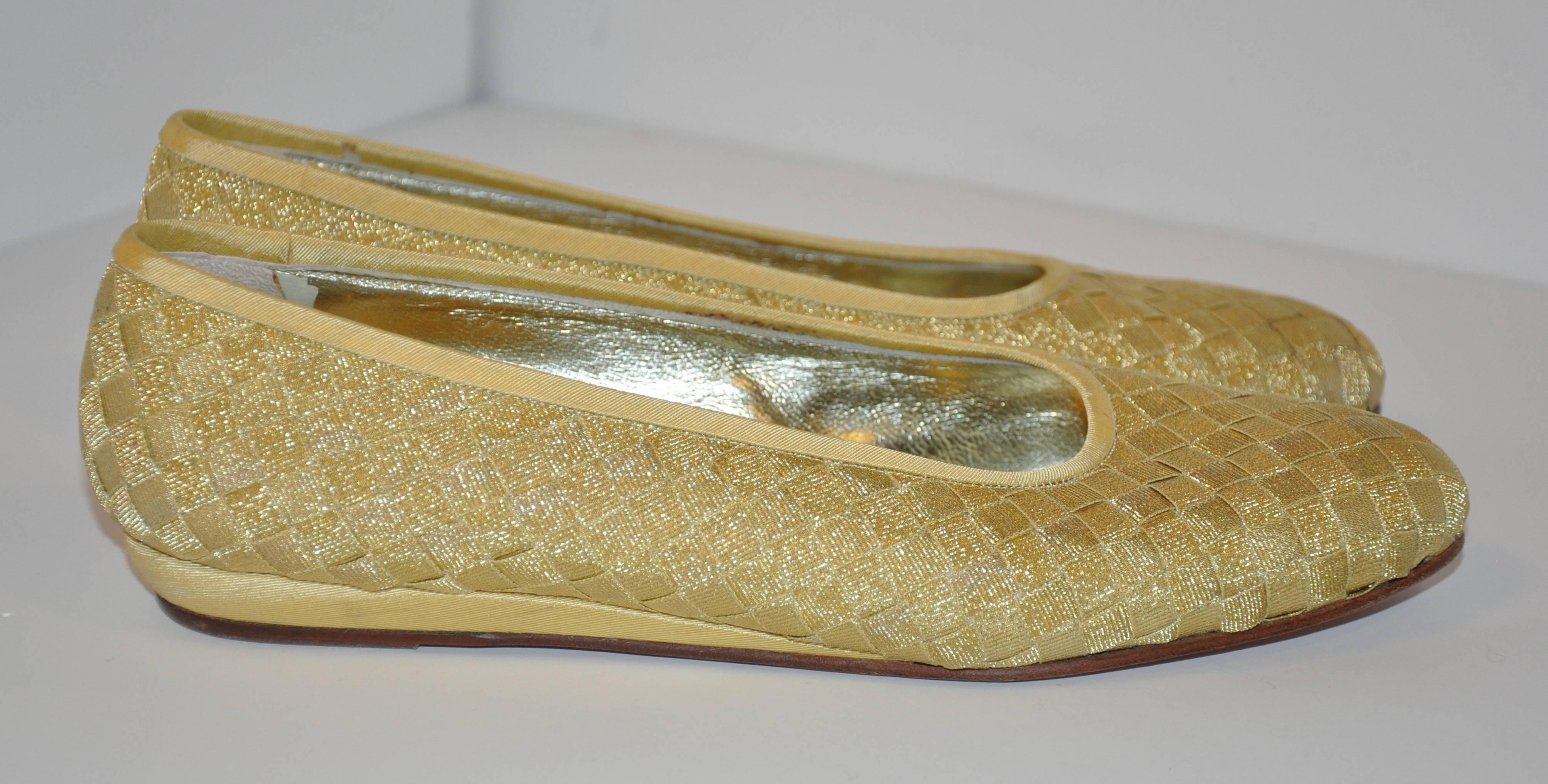 Brown Bottega Veneta Signature Woven Gold Lame Wedge Flats 