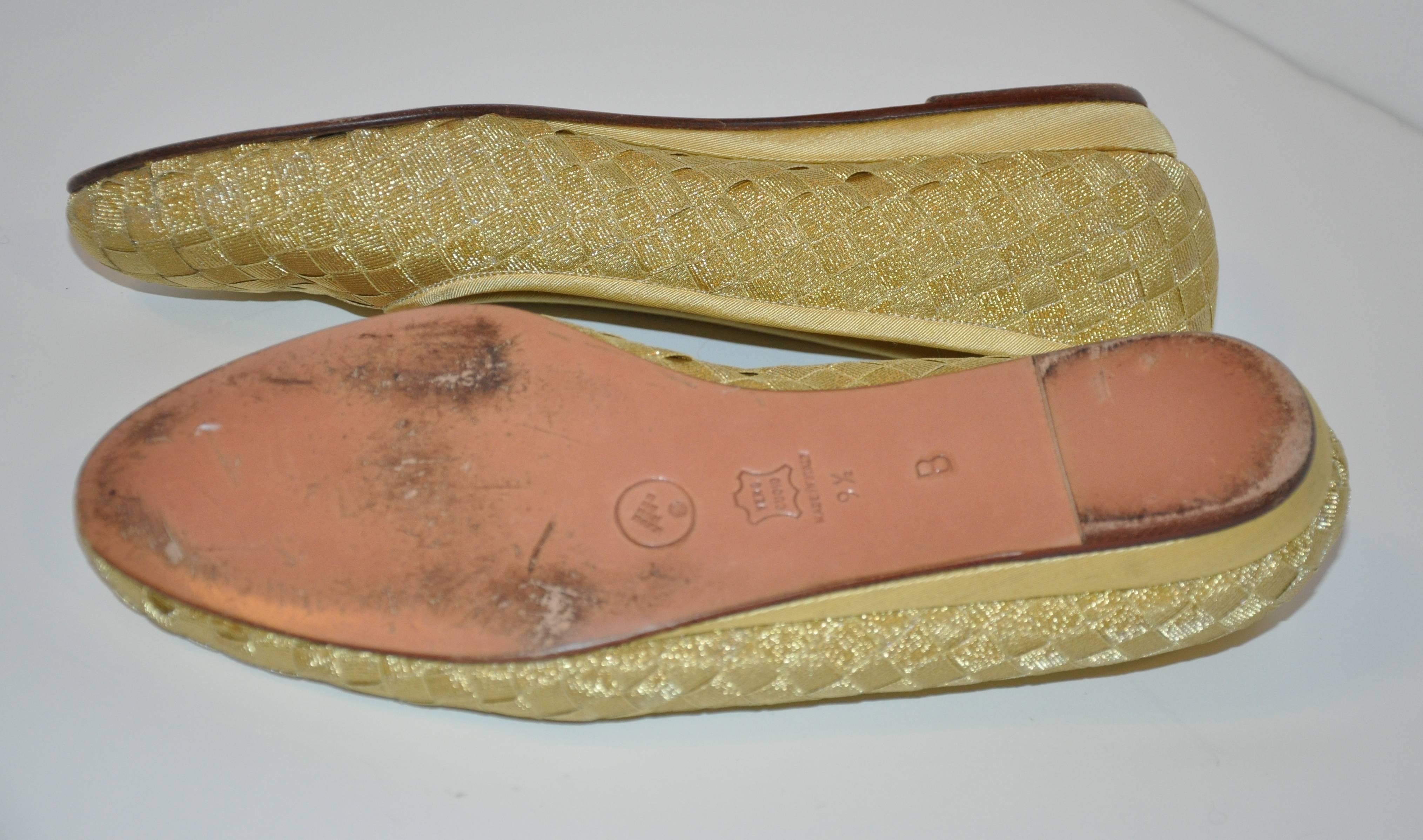 Bottega Veneta Signature Woven Gold Lame Wedge Flats In Good Condition In New York, NY