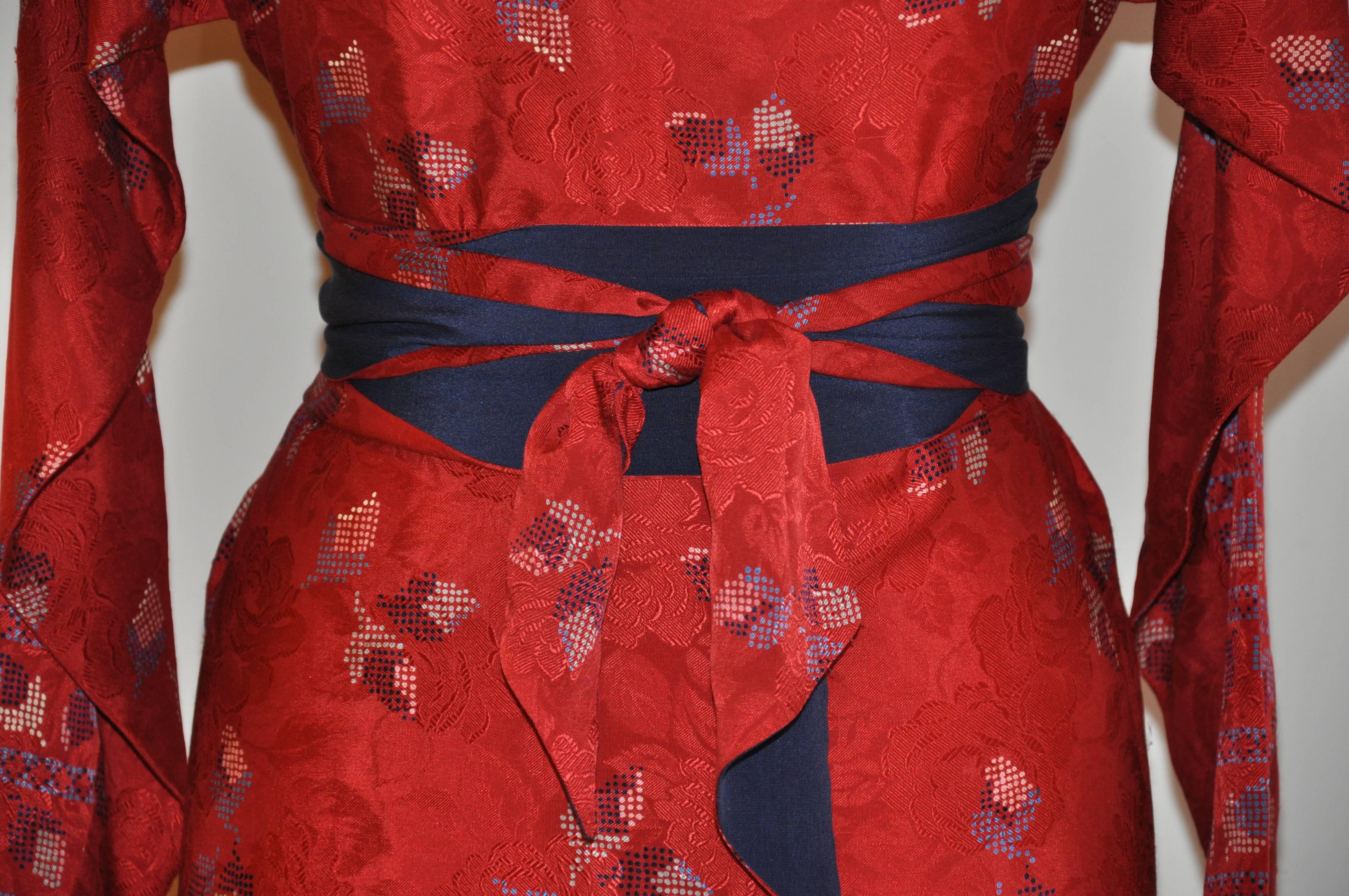 Red Rare Halston Silk Floral Boat-Neck Sheath with Optional Tie For Sale