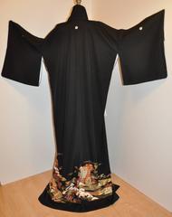 Black Hand-Painted with Gold Accent "Ceremonial Carriage"Silk Kimono