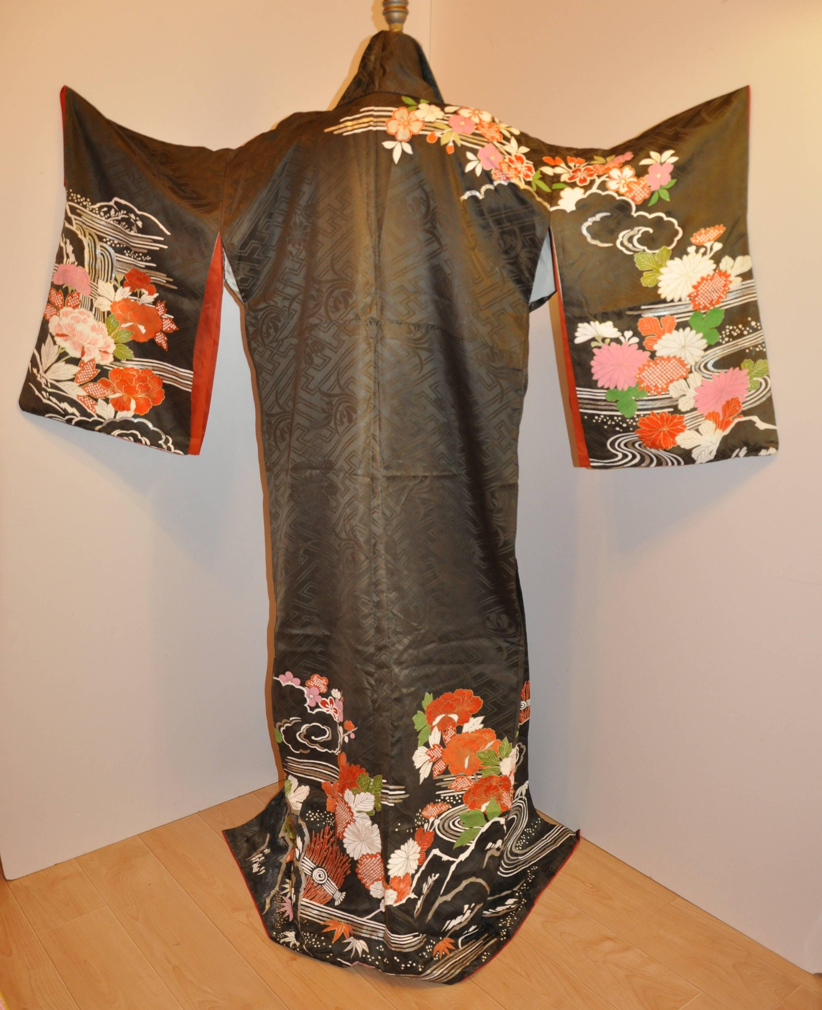 Brown Charcoal Floral Silk Accented with Multi-Colored Floral Kimono