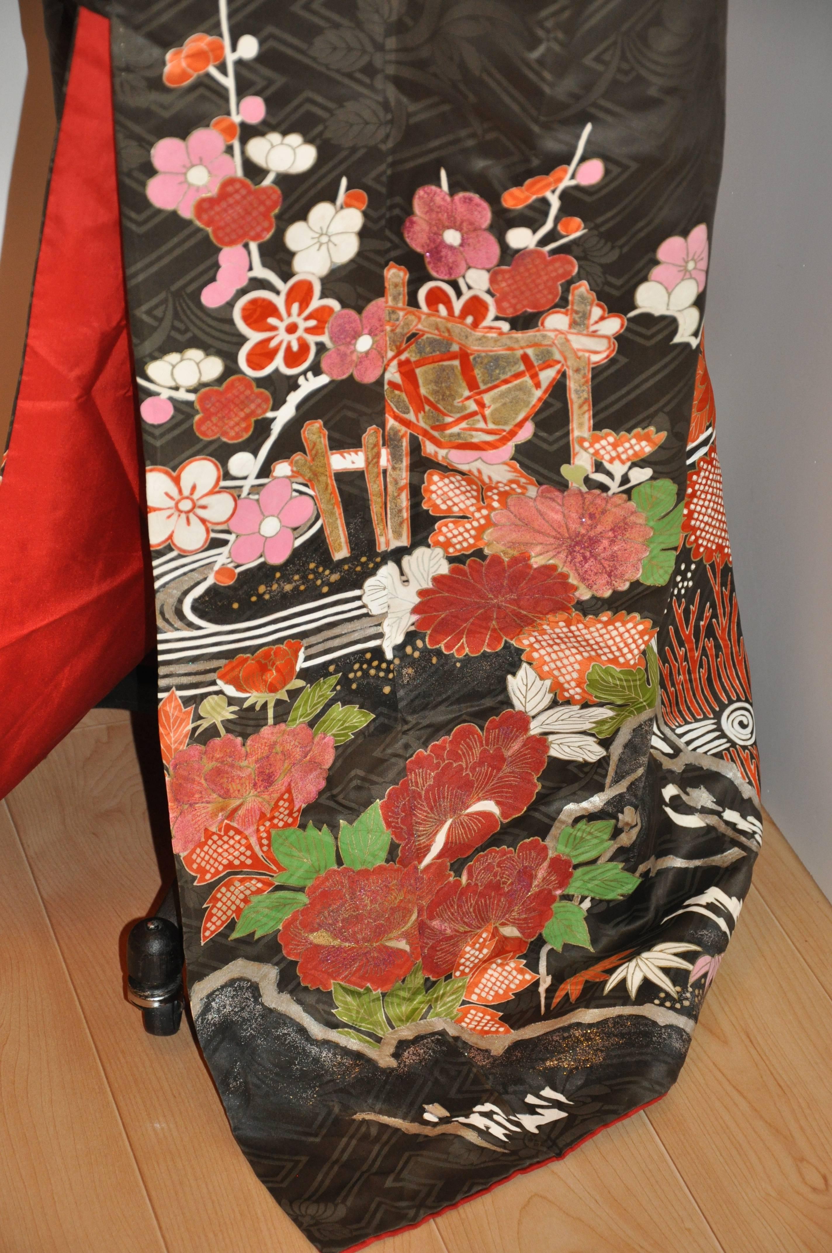 Charcoal Floral Silk Accented with Multi-Colored Floral Kimono 1