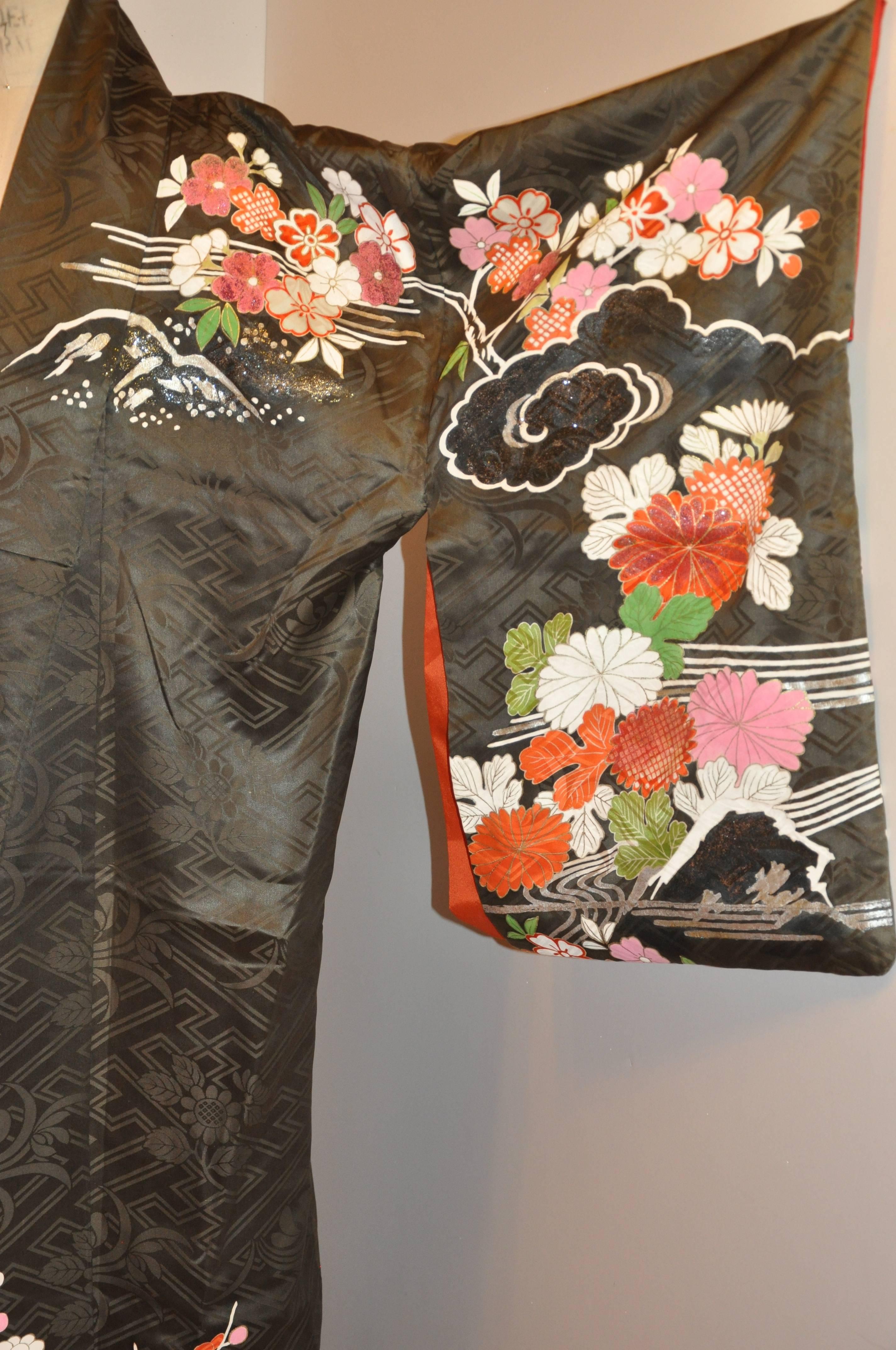 Charcoal Floral Silk Accented with Multi-Colored Floral Kimono 2
