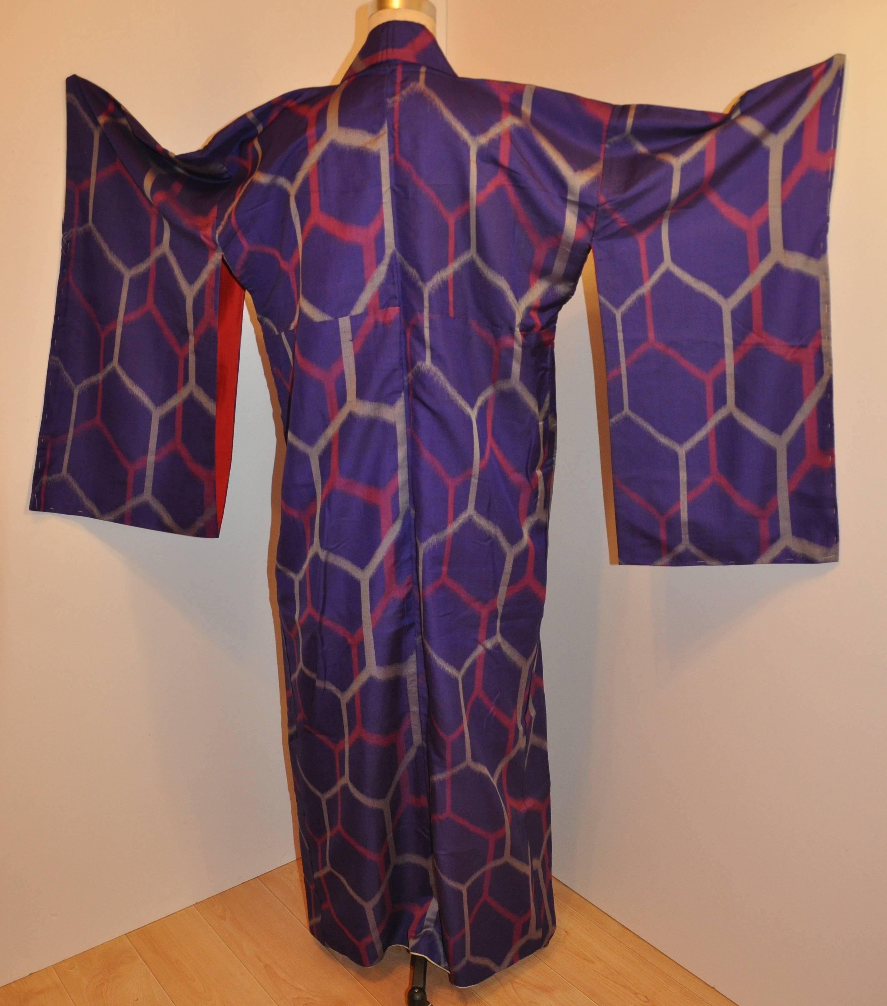        Violet textured silk accented with abstract steel-grays & Raspberry shade silk kimono measures 58