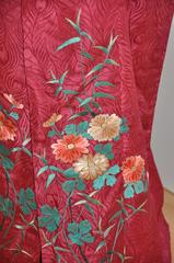 Burgundy Peacock Feathers with Multi-Color Embroidered Floral Silk Kimono