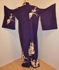 Violet Accented with Cream Florals & Metallic Gold Etching Silk Kimono