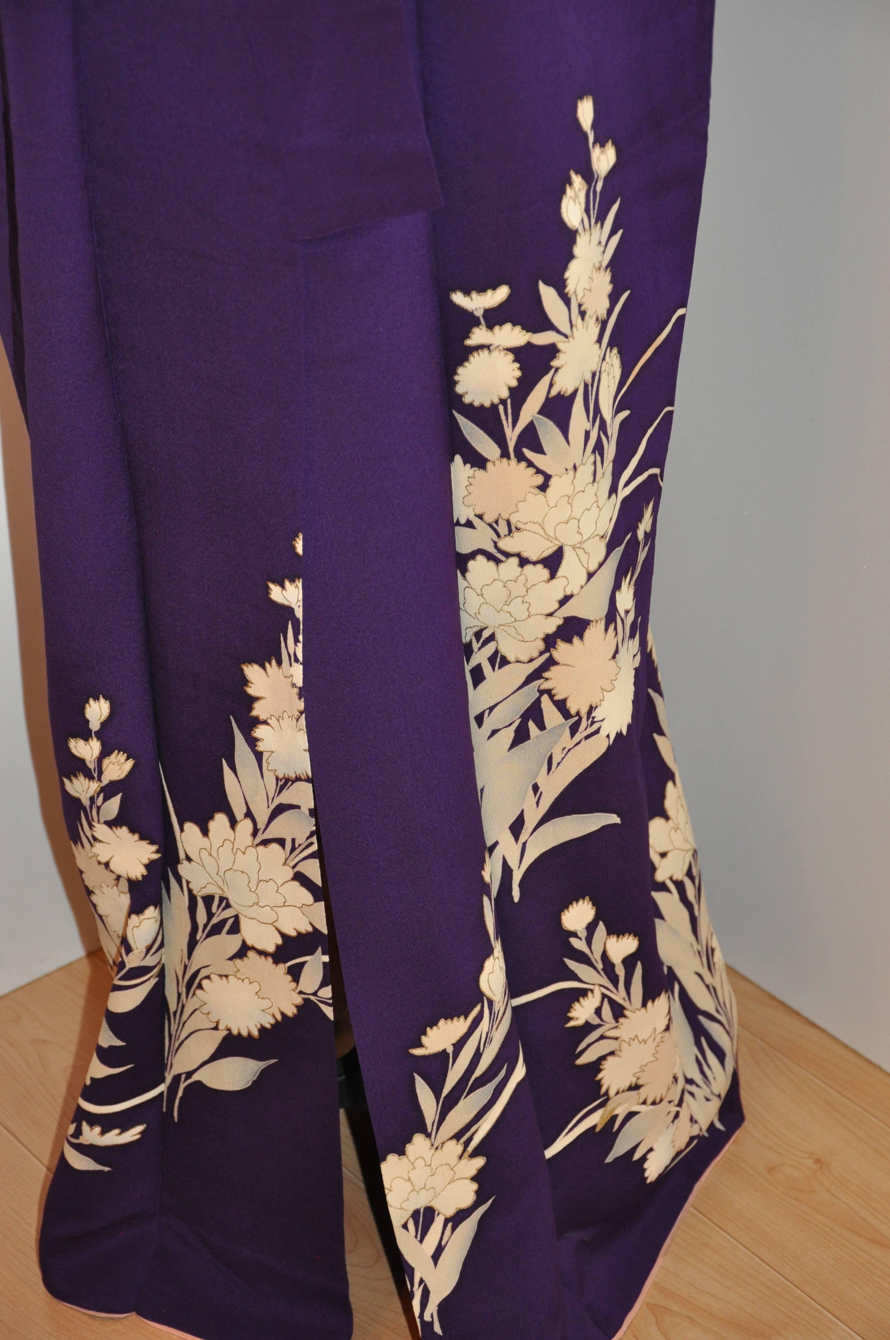 Women's or Men's Violet Accented with Cream Florals & Metallic Gold Etching Silk Kimono For Sale