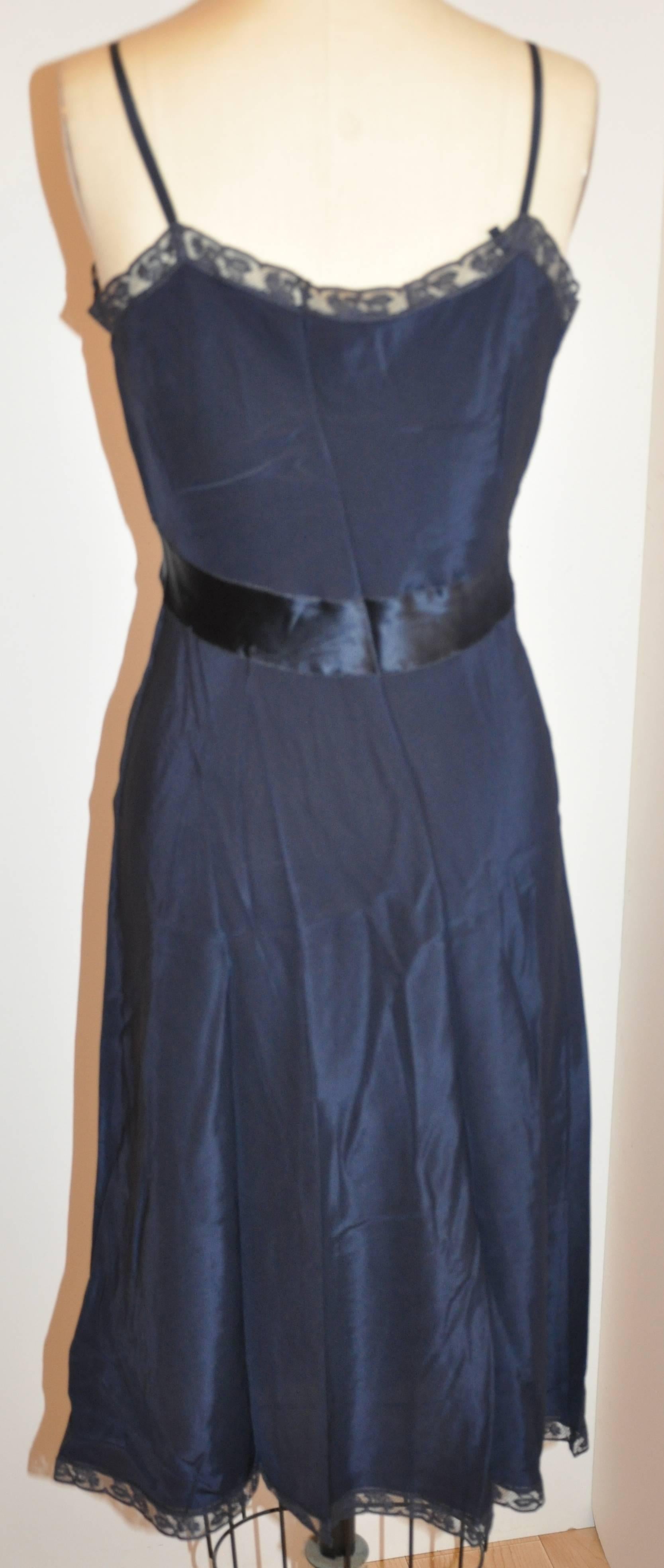 Black Midnight Blue Silk Embroidered with Lace Detailing Slip Dress