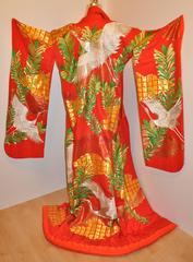 Elaborate Bold Red "Ceremonial Cranes" Silk Kimono