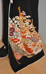 Elaborate "Japanese Scenes" with Metallic Micro Cord Black Silk Kimono