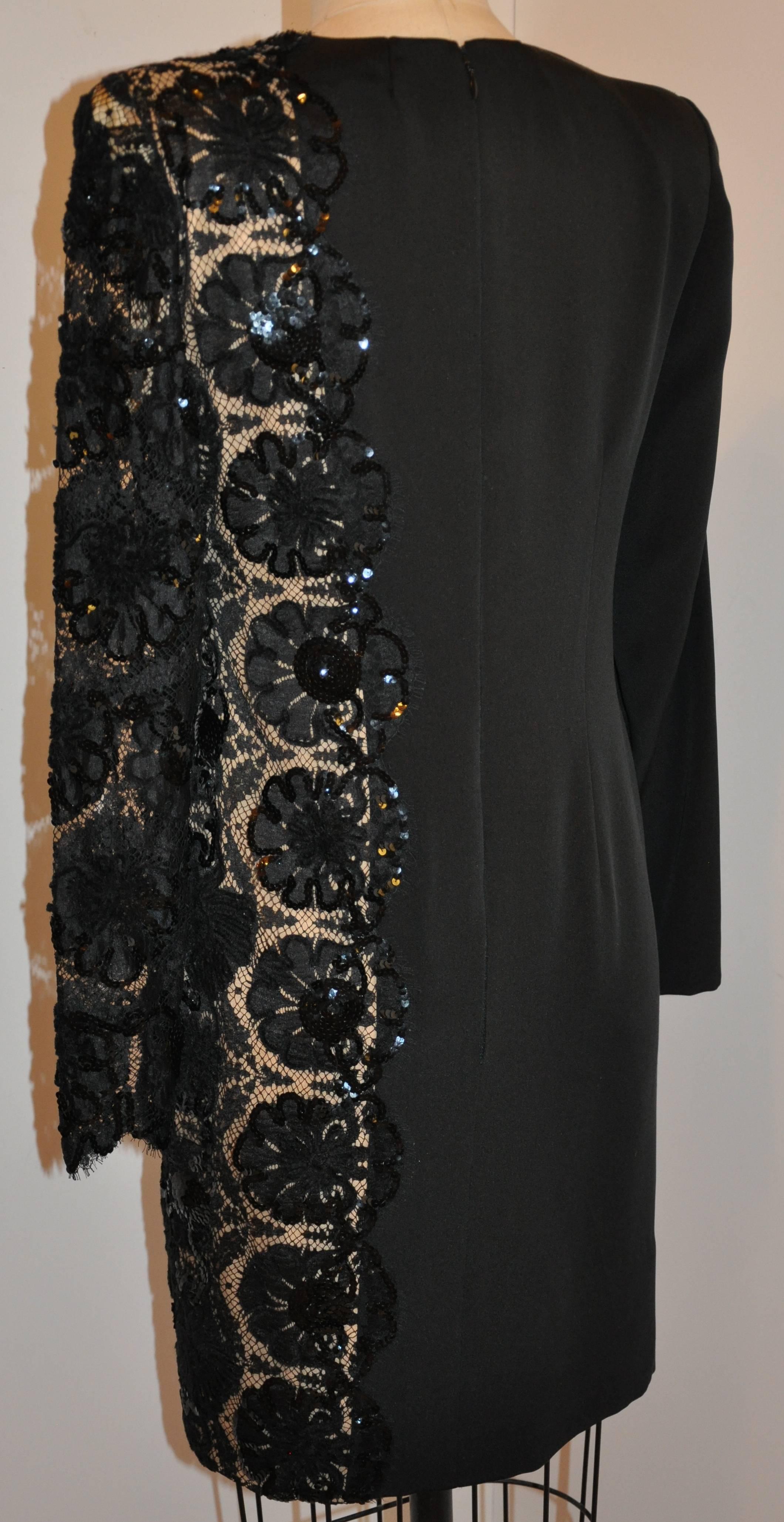        Bill Blass simply beautiful and timeless elegant black silk crepe di chine accented with detailed French lace accented with micro black sequin evening cocktail dress is fully lined with black silk as well. The center back invisible zipper
