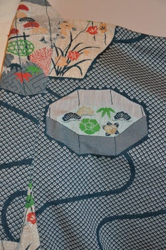 Japanese Turquoise-Green Embroidered "Lanterns" Silk Kimono