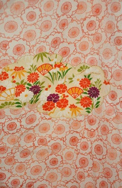 Japanese Cream & Red Multi-Floral with "Fans" Accents Silk Kimono