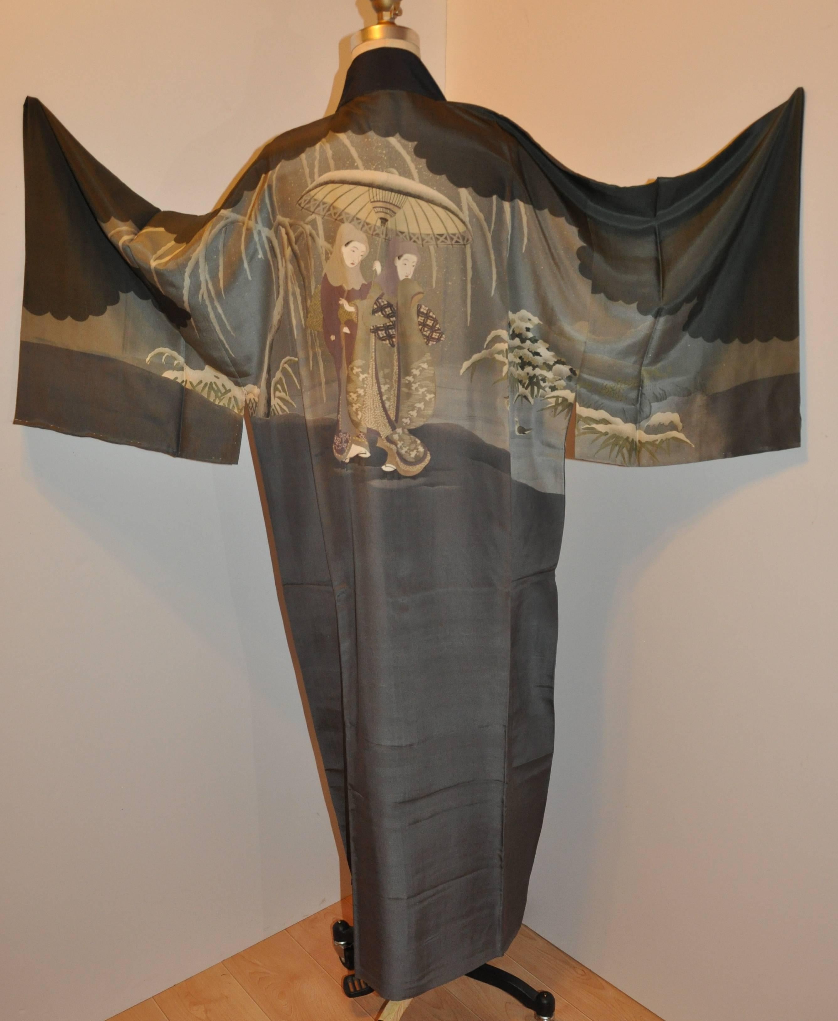        This wonderfully elegant and detailed portrait accenting the backside of this combination of shades of grays & black silk kimono is finely hand-painted. The total length measures 52 inches, underarm circumference is 48", collar width