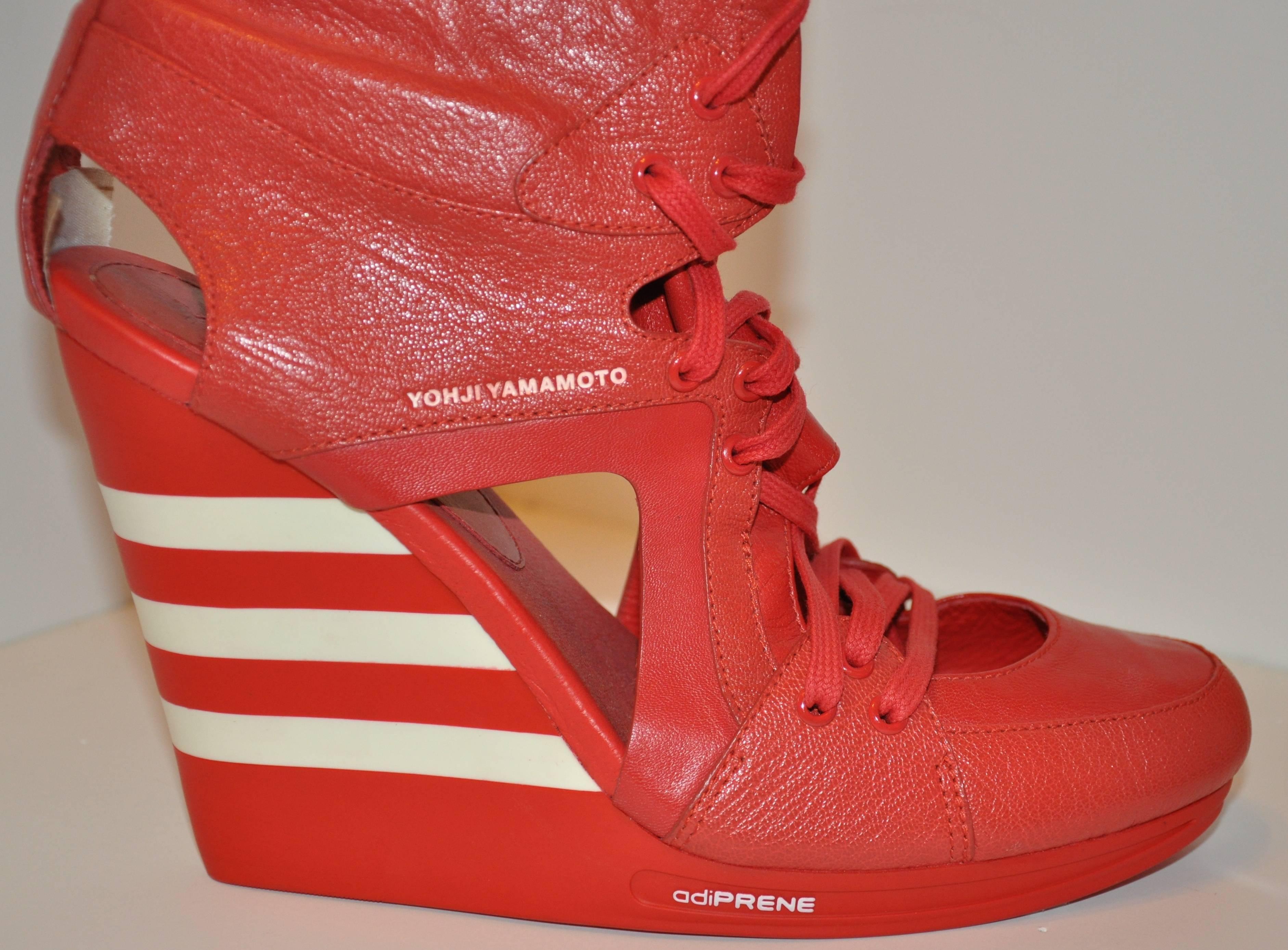 Yohji Yamamoto Engine Red with White Stripe Wedge Ankle Lace-Up Heels In Good Condition In New York, NY