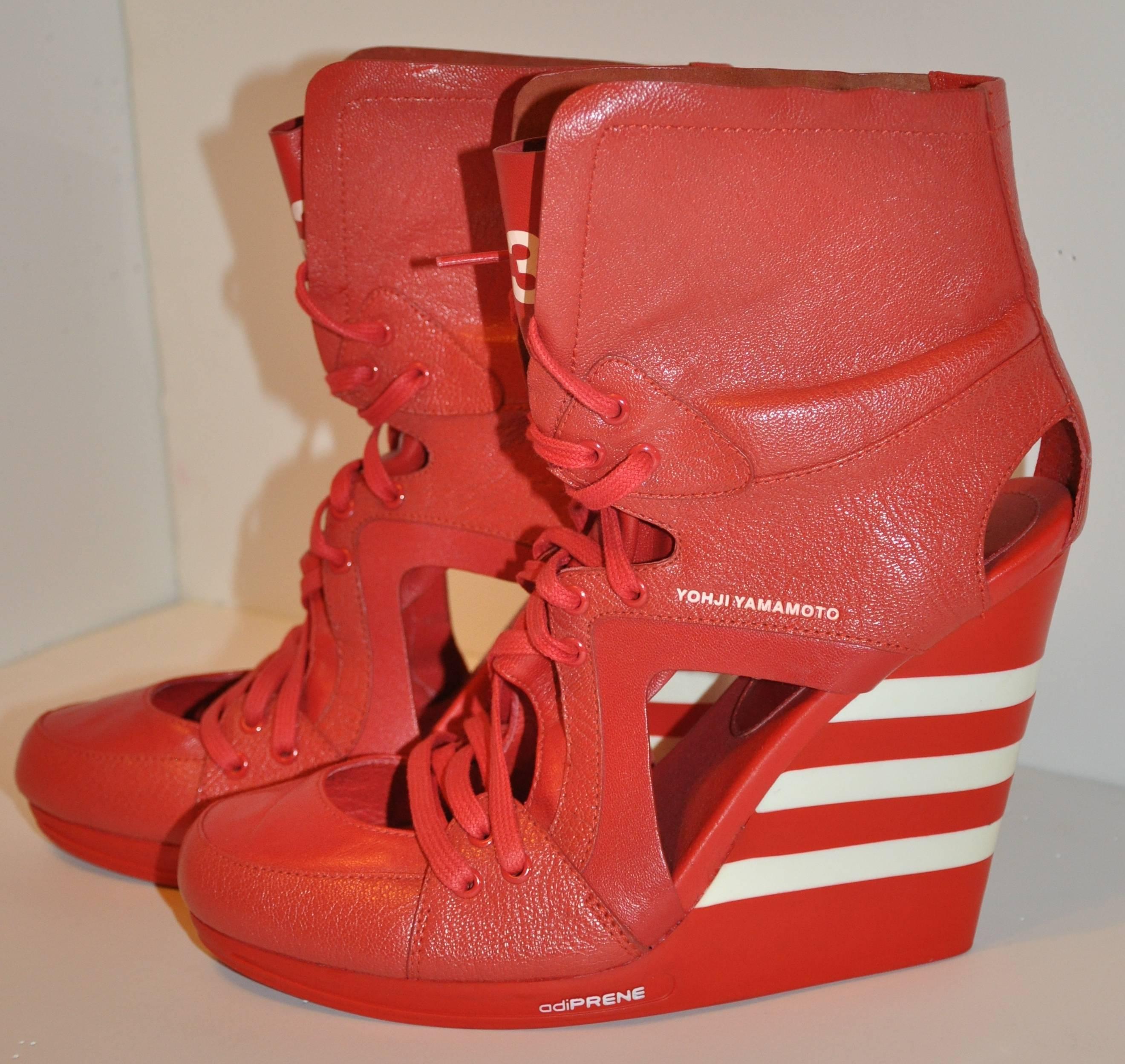 Women's or Men's Yohji Yamamoto Engine Red with White Stripe Wedge Ankle Lace-Up Heels