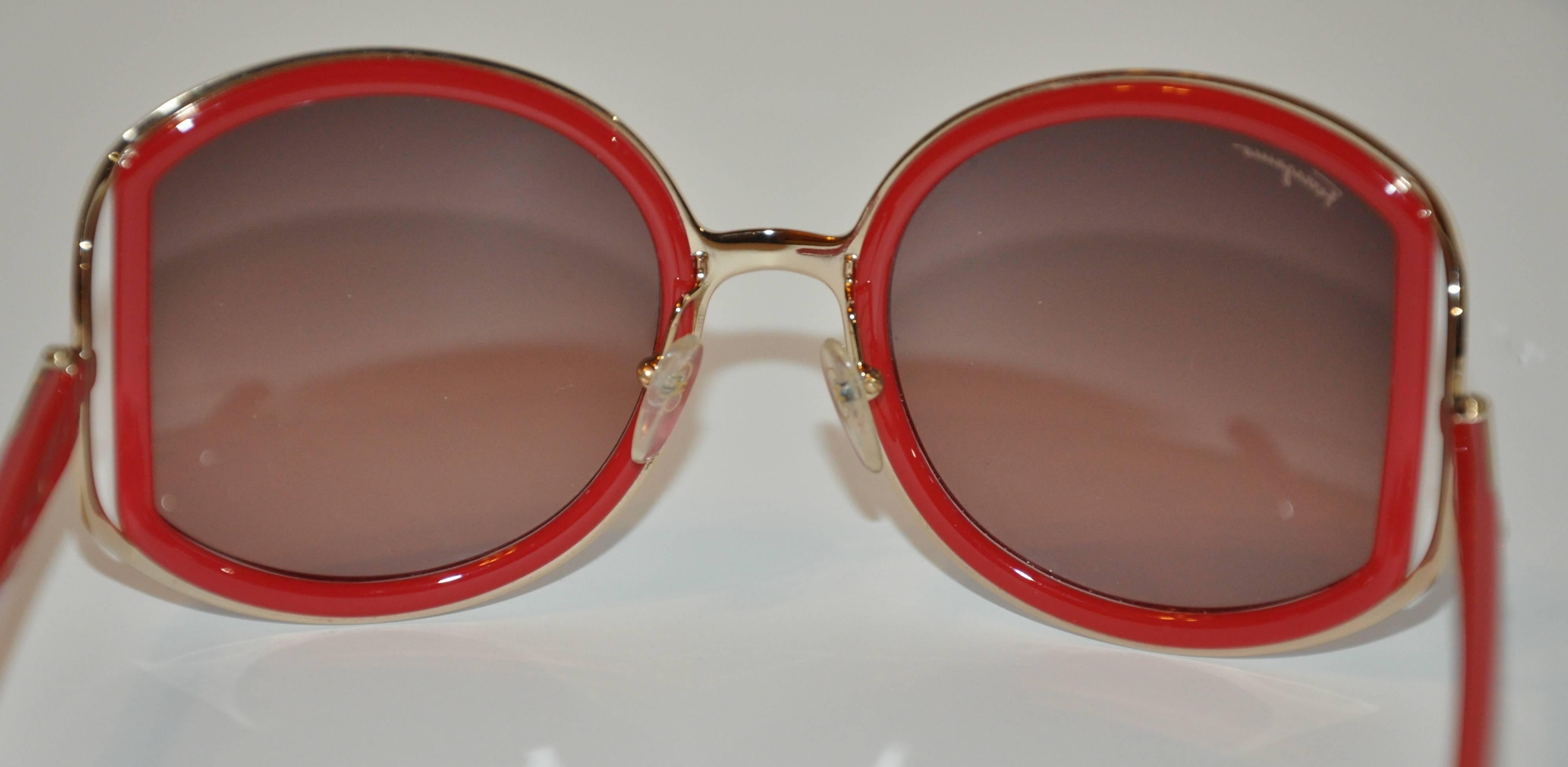 Brown Ferragamo Gold Hardware with Thick Italian Red Lucite Sunglasses 