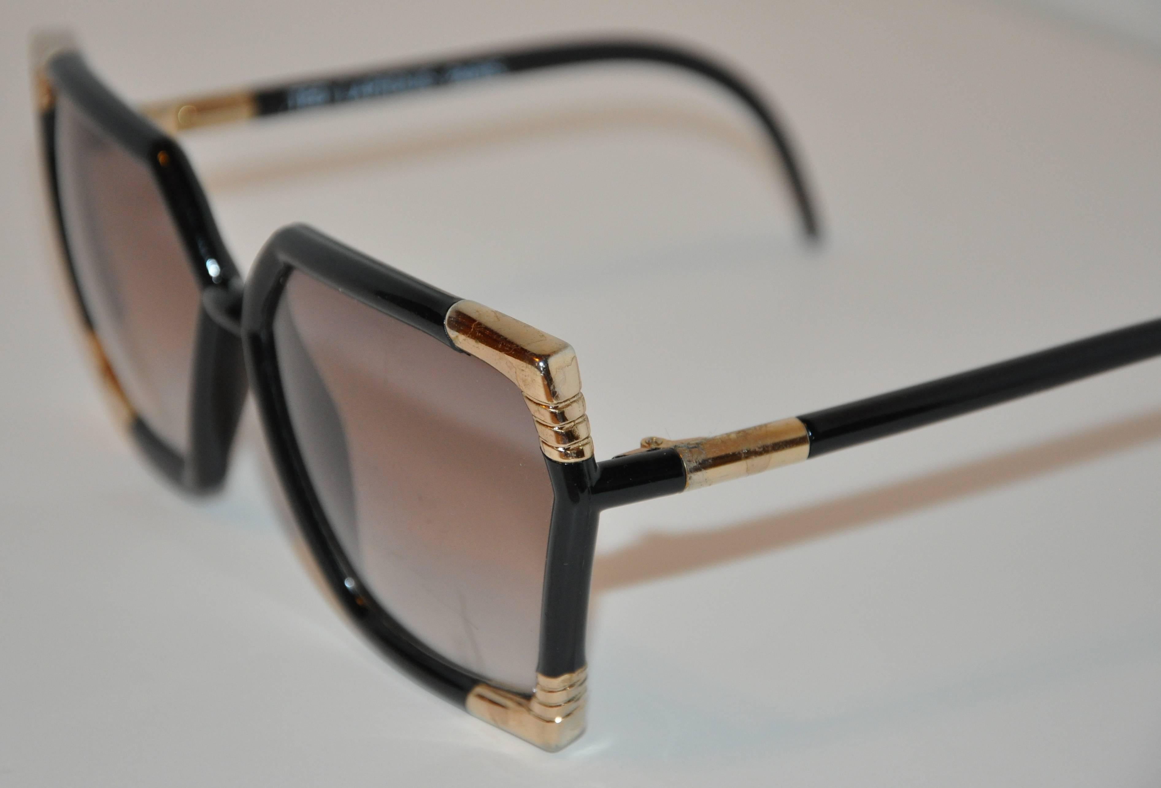 Ted Lapidus Thick Black Lucite and Engraved Gold Hardware Sunglasses ...