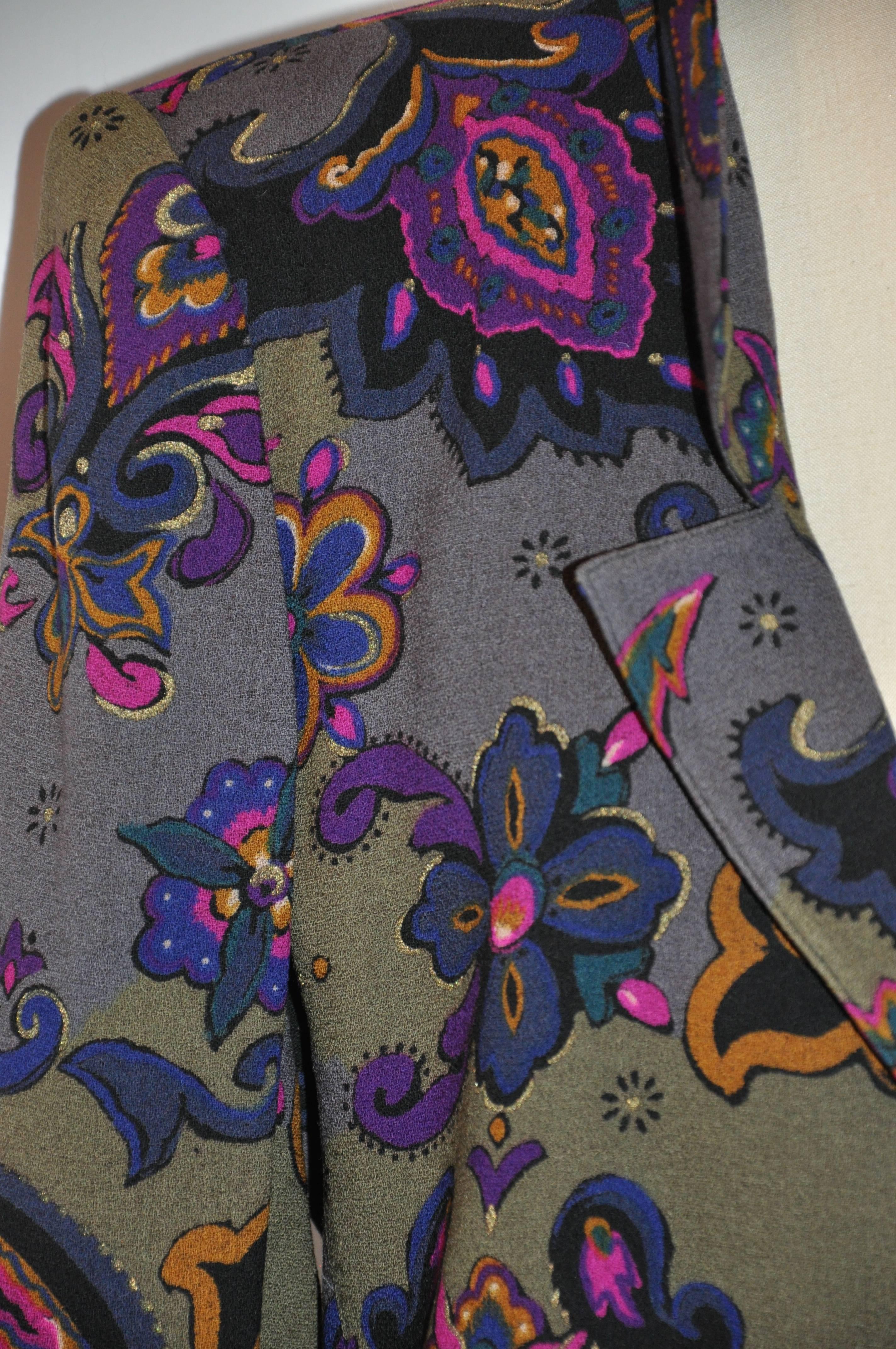 Black Emmanuel Ungaro Whimsical Multi-Color Palsey & Floral Wool Challis Jacket For Sale