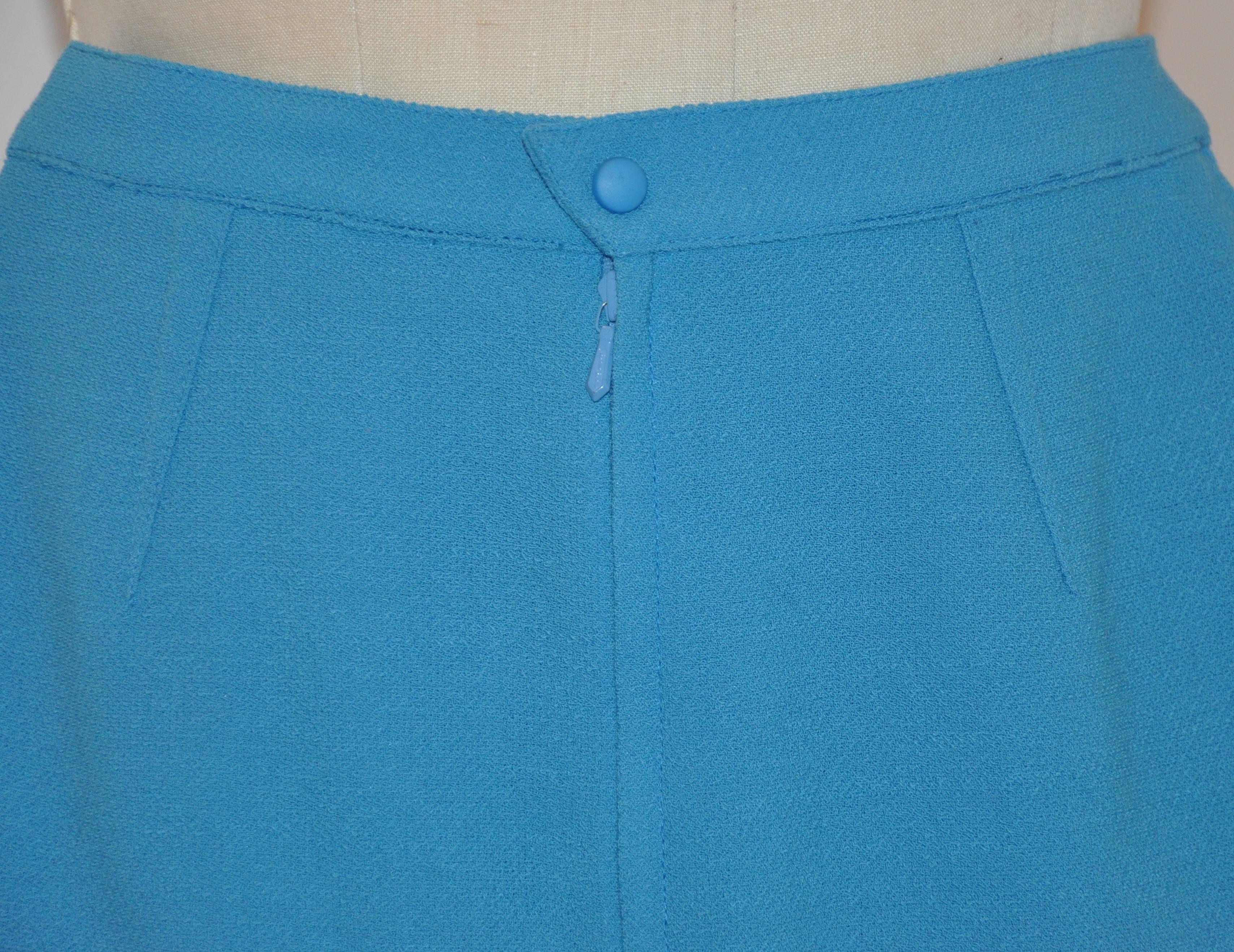 Blue Thierry Mugler Turquoise Form-Fitting Wool Crepe Fully Lined Skirt For Sale