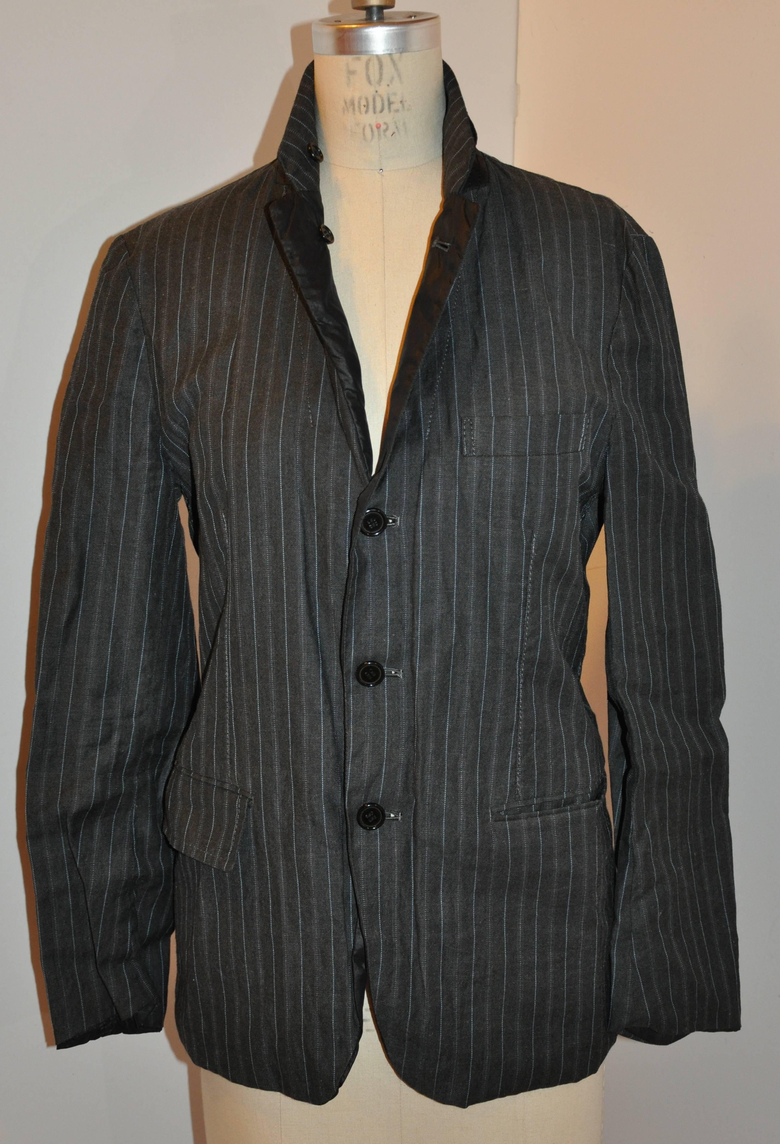 Comme des Garcons Reversible Black Nylon/Midnight Blue Pinstripe Linen Jacket For Sale 1