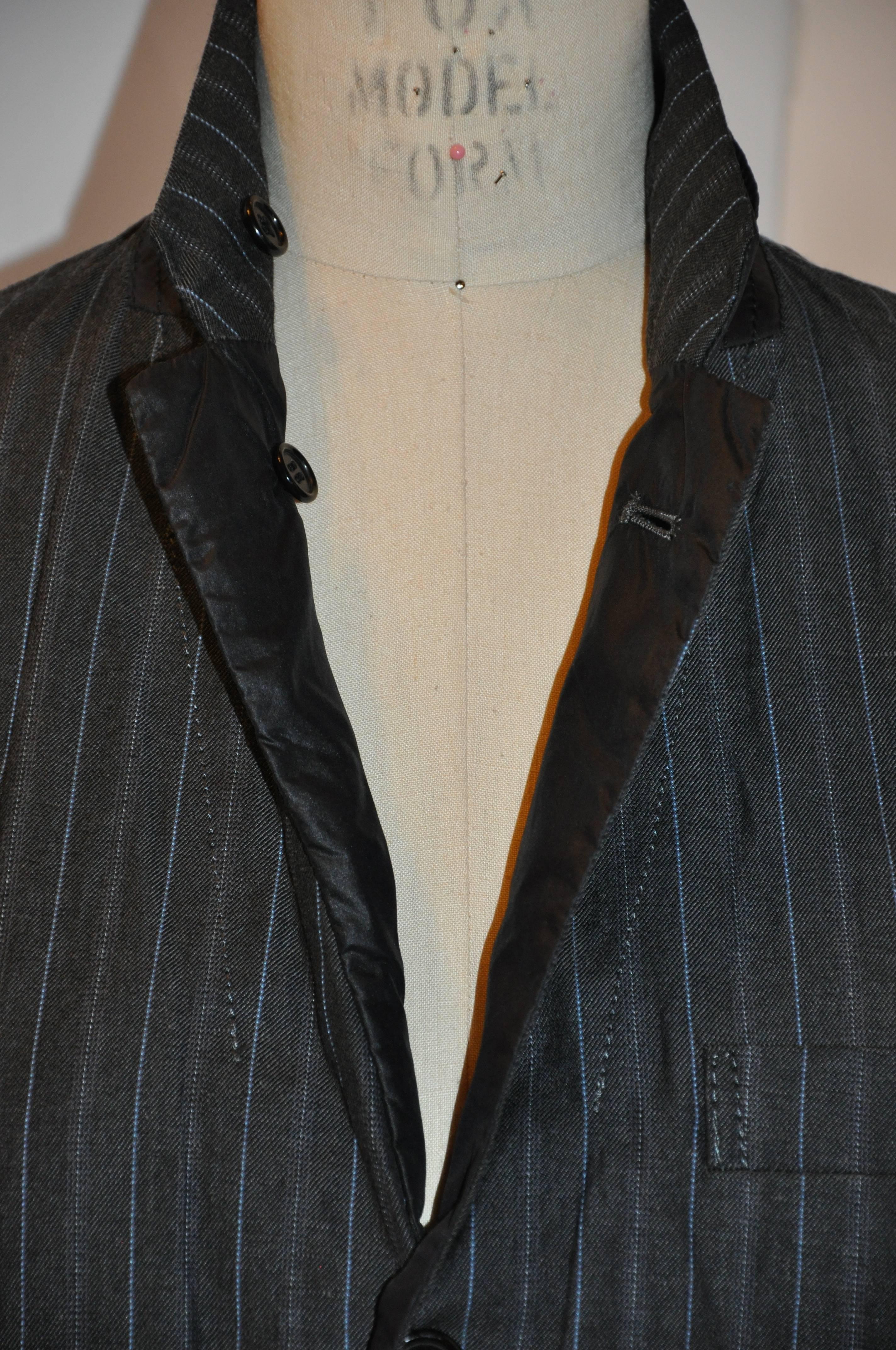 Comme des Garcons Reversible Black Nylon/Midnight Blue Pinstripe Linen Jacket For Sale 3